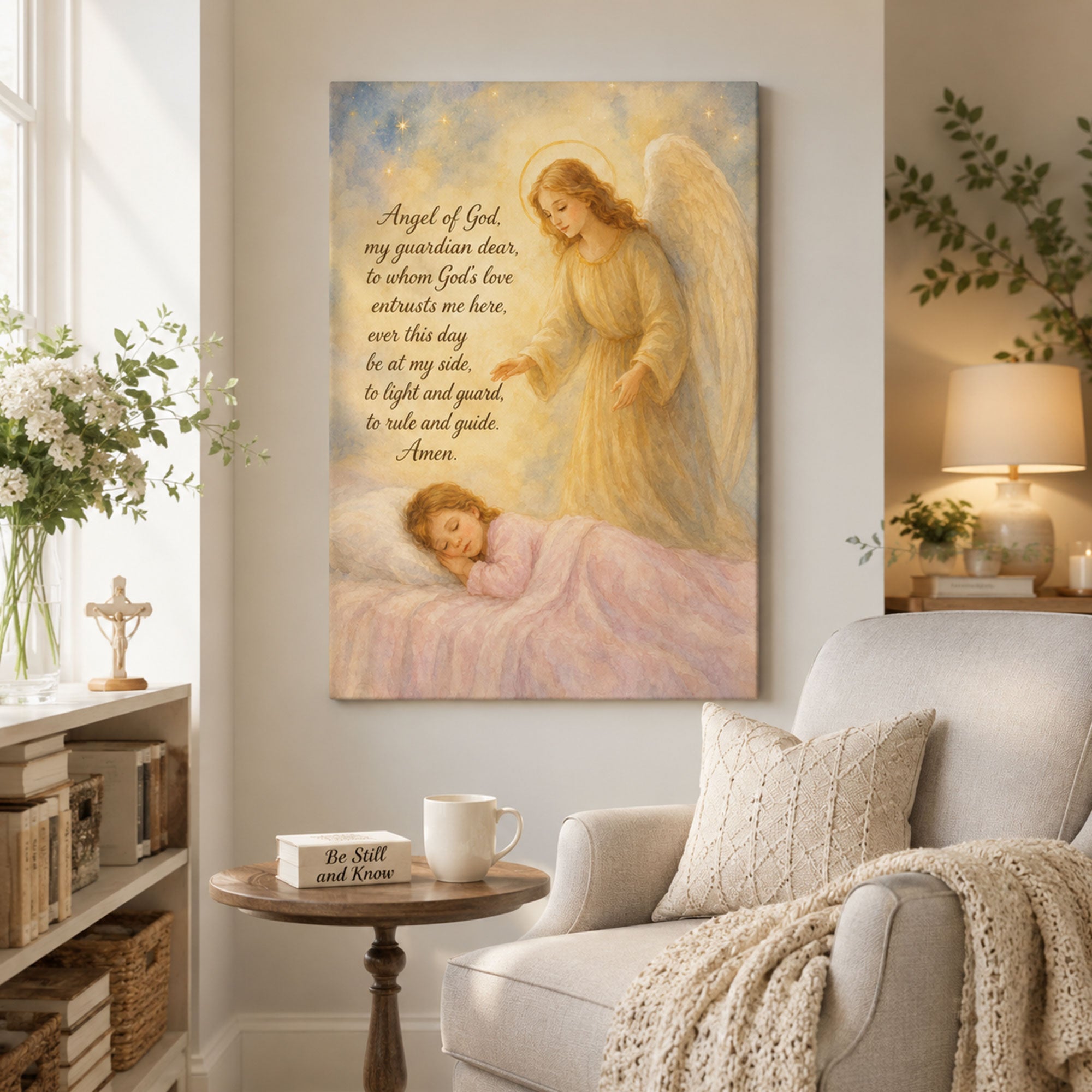 Angel of God Prayer Canvas Print, Guardian Angel and Sleeping Child Art