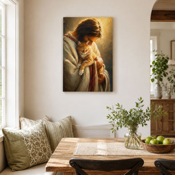 Jesus Holding a Cat Canvas Print, Christian Pet Lover Wall Decor, Faith Gift for Home