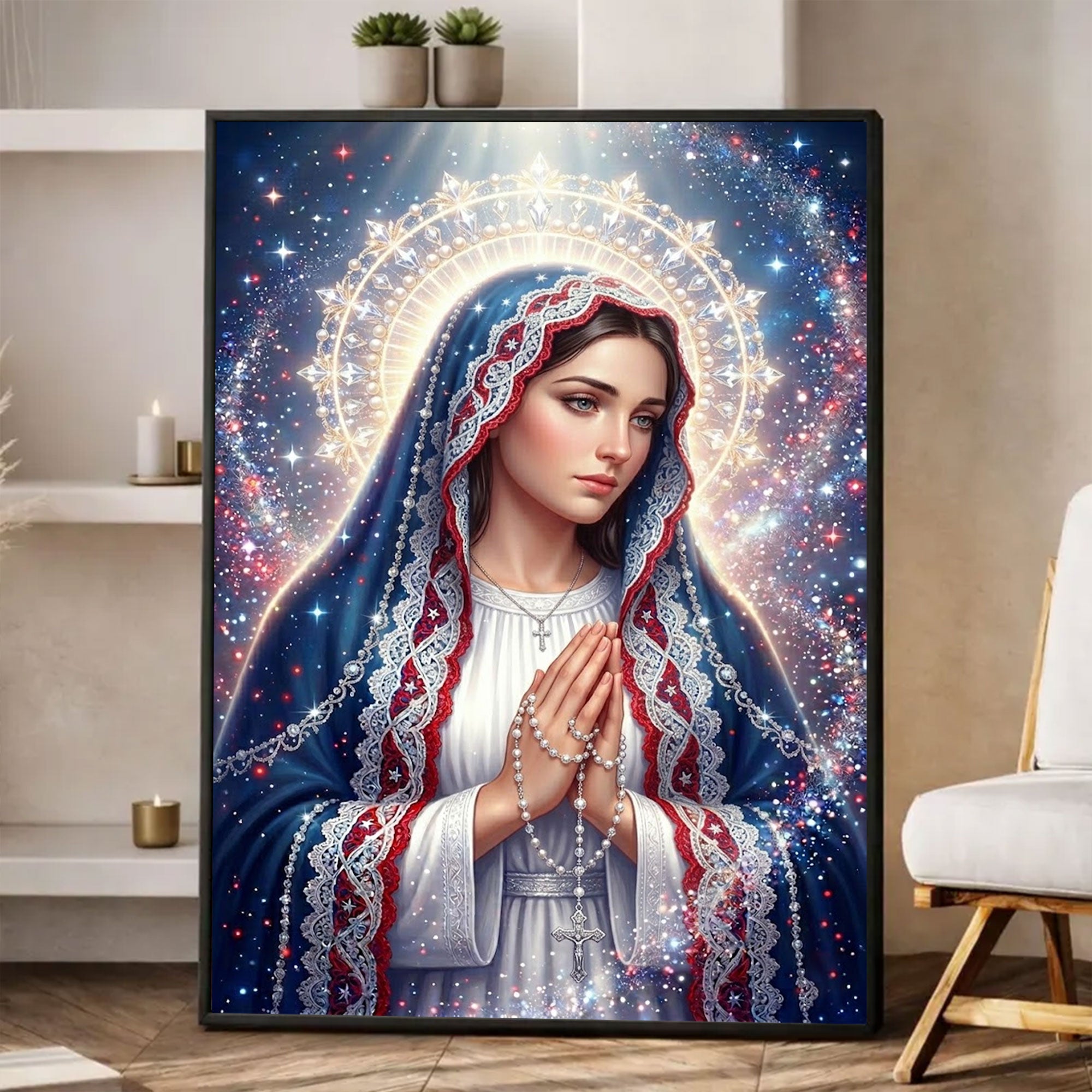 Praying Virgin Mary Canvas Print, Rosary Madonna Wall Art, Starry Sky Catholic Decor, Red White Blue Faith Artwork