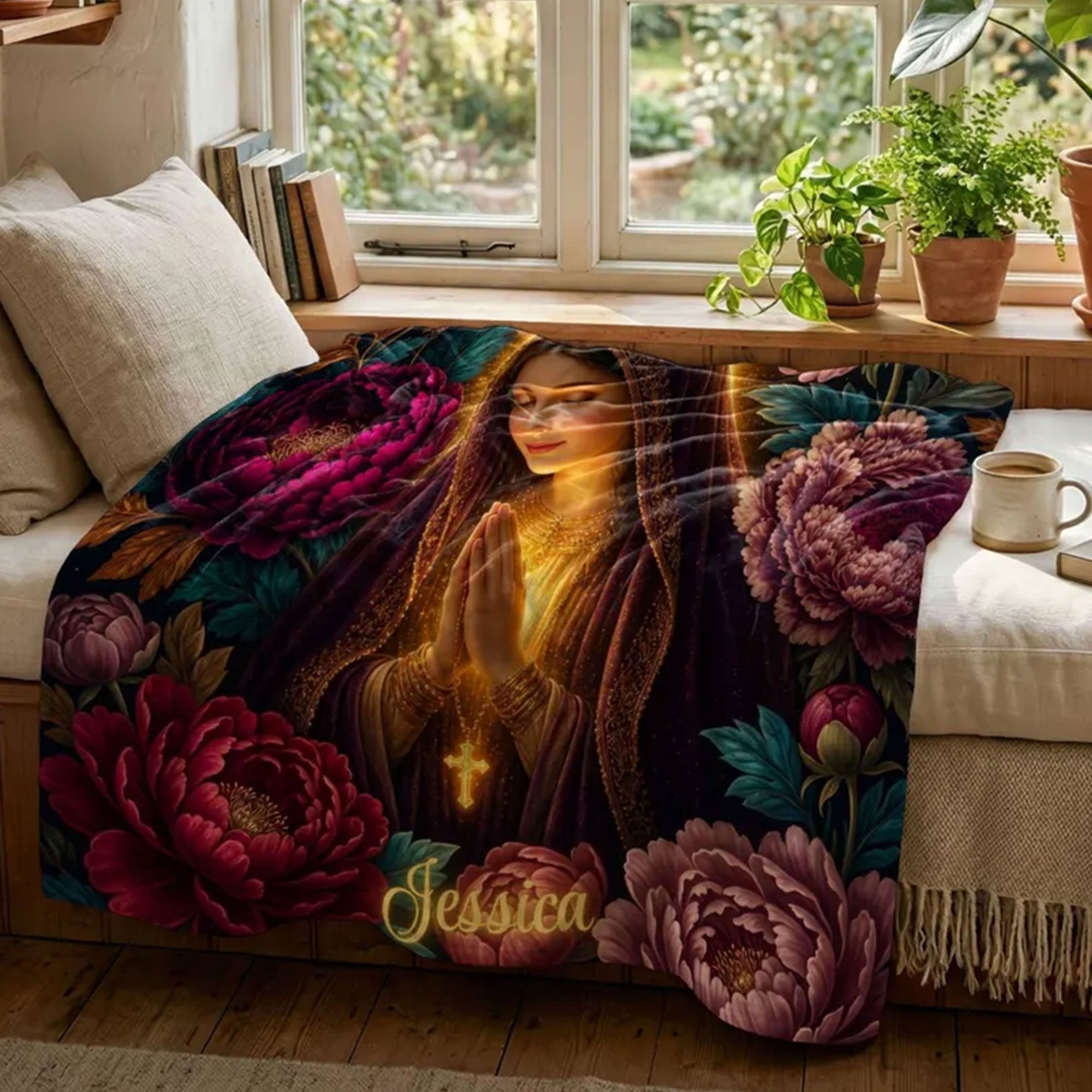 Personalized Virgin Mary Prayer Fleece Blanket, Catholic Floral Throw, Custom Name Christian Gift for Mom or Grandma, Faith Gift