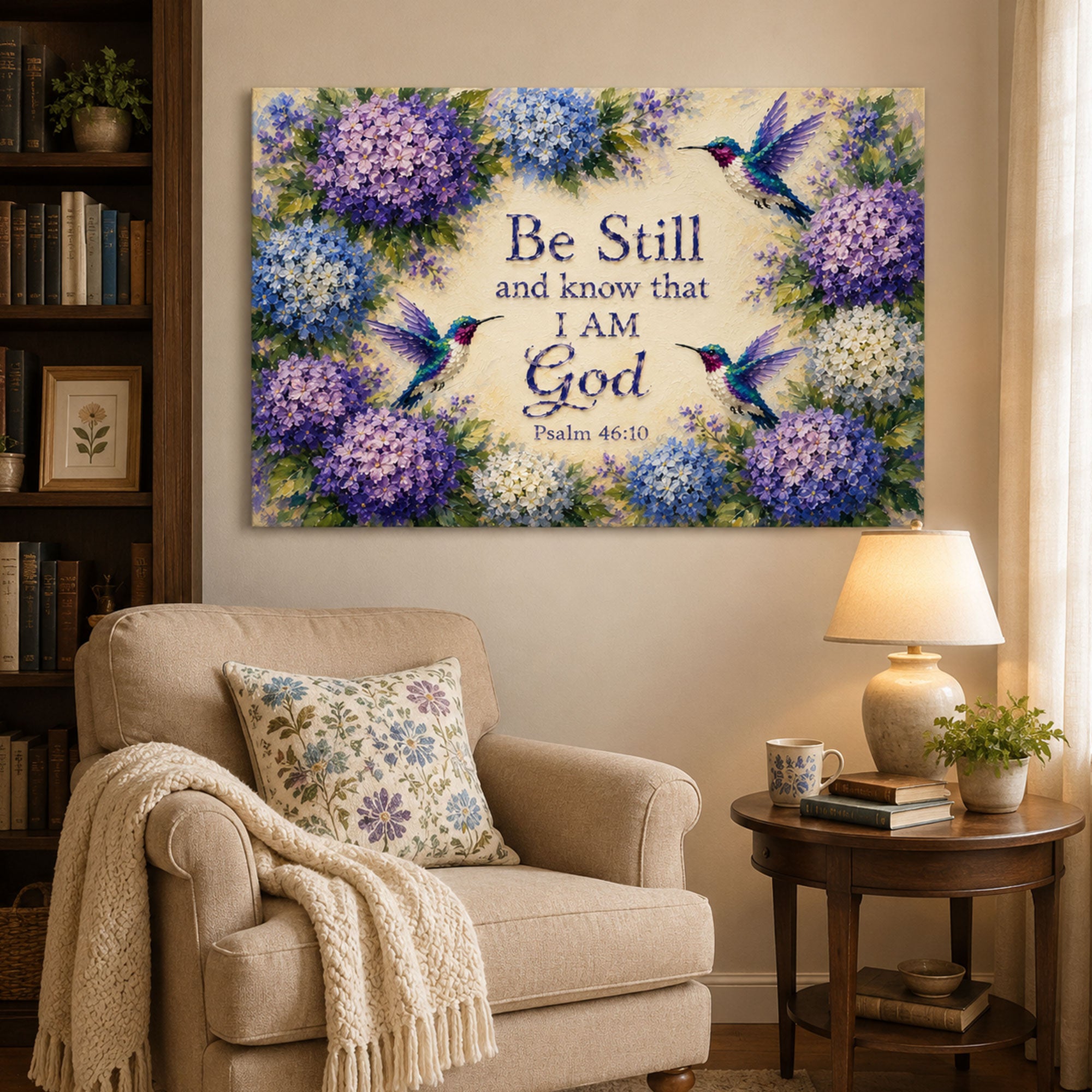 Be Still Psalm 46:10 Canvas Print, Hummingbird Floral Christian Scripture Wall Art, Peaceful Faith Home Decor