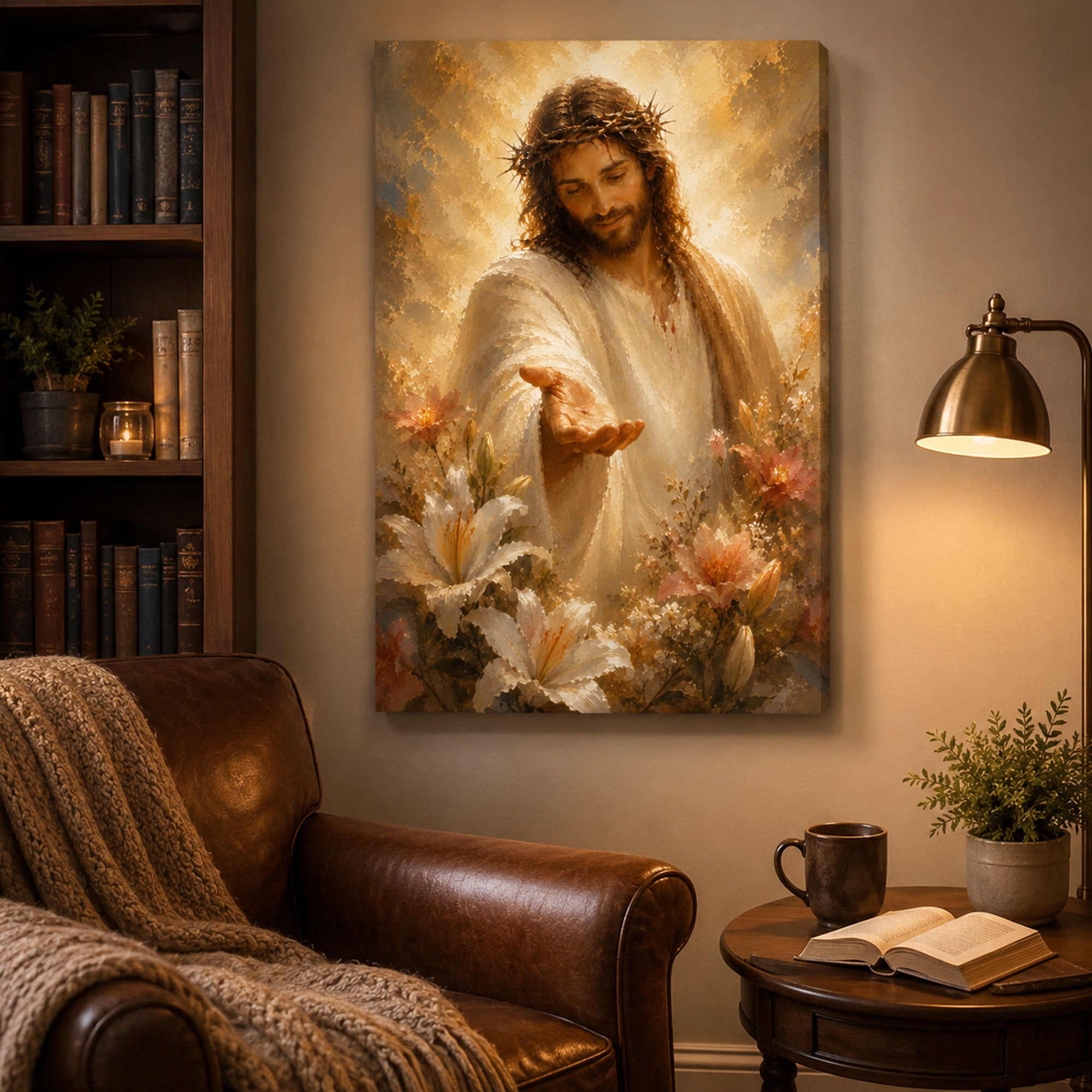 Jesus Reaching Out Canvas Print, Crown of Thorns Christian Wall Art, Floral Faith Home Decor
