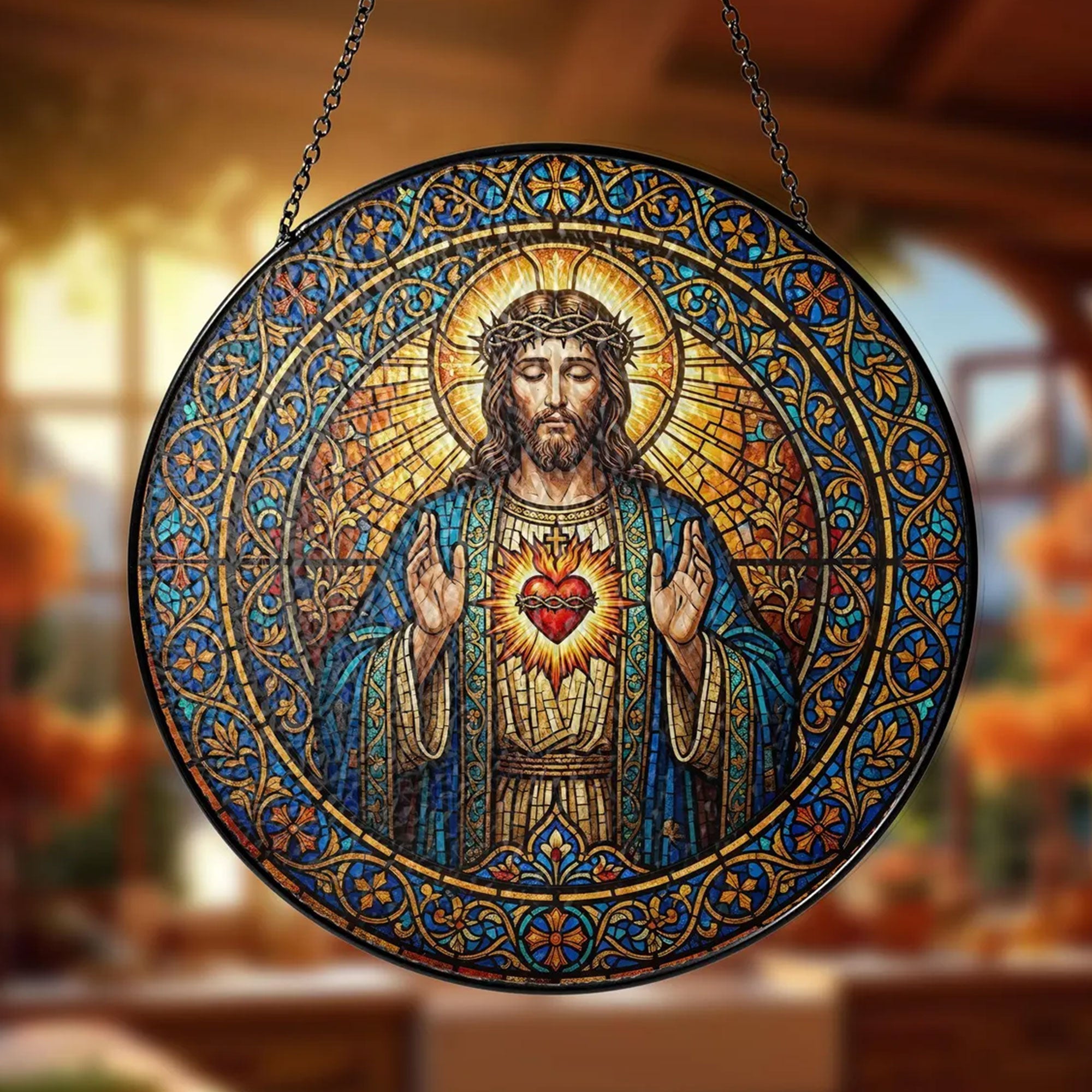 Sacred Heart of Jesus Stained Glass Suncatcher, Christian Window Hanging Decor, Catholic Religious Faith Gift