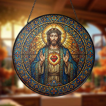 Sacred Heart of Jesus Stained Glass Suncatcher, Christian Window Hanging Decor, Catholic Religious Faith Gift