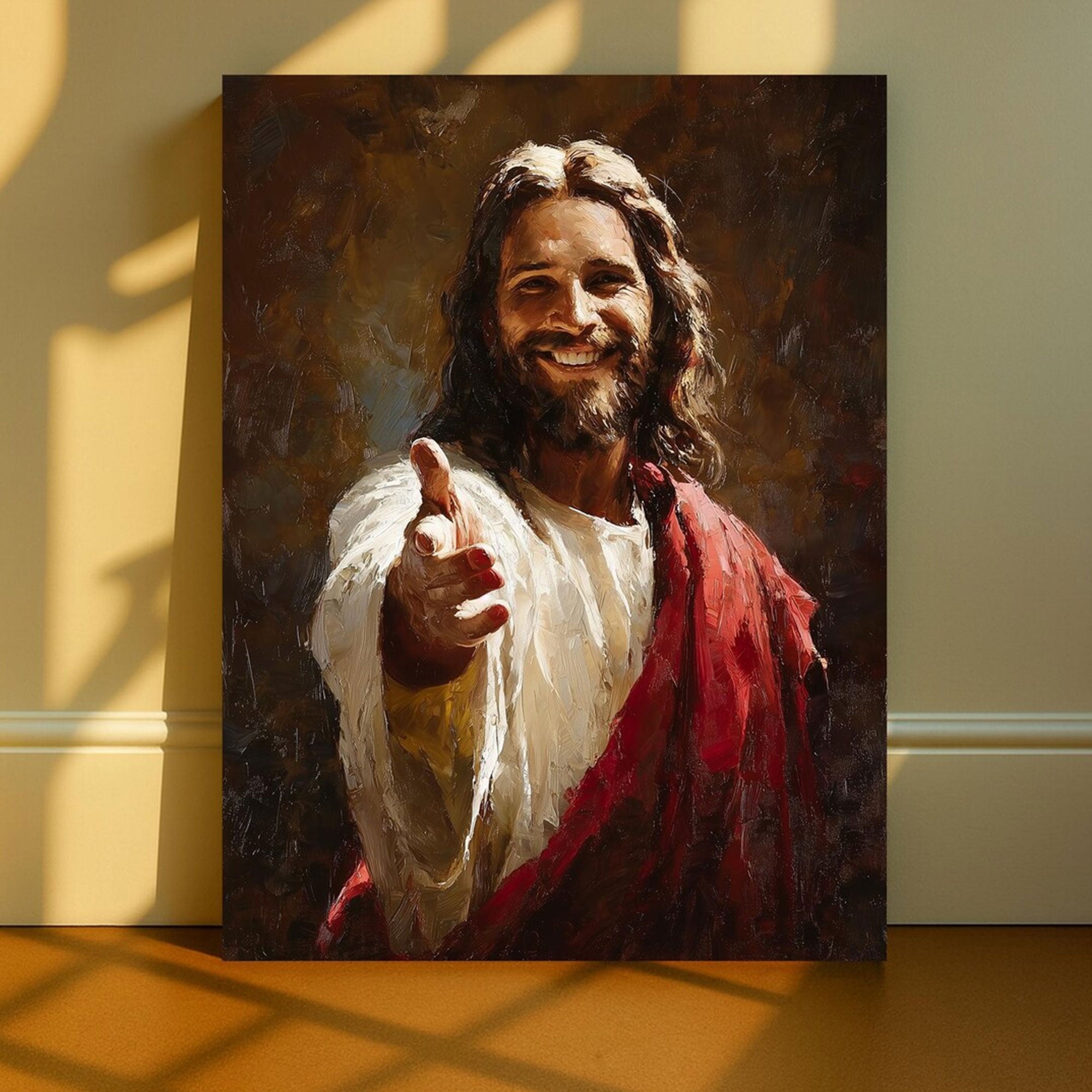 Smiling Jesus Welcoming Canvas Print, Inspirational Christian Faith Wall Art, Religious Home Decor Gift