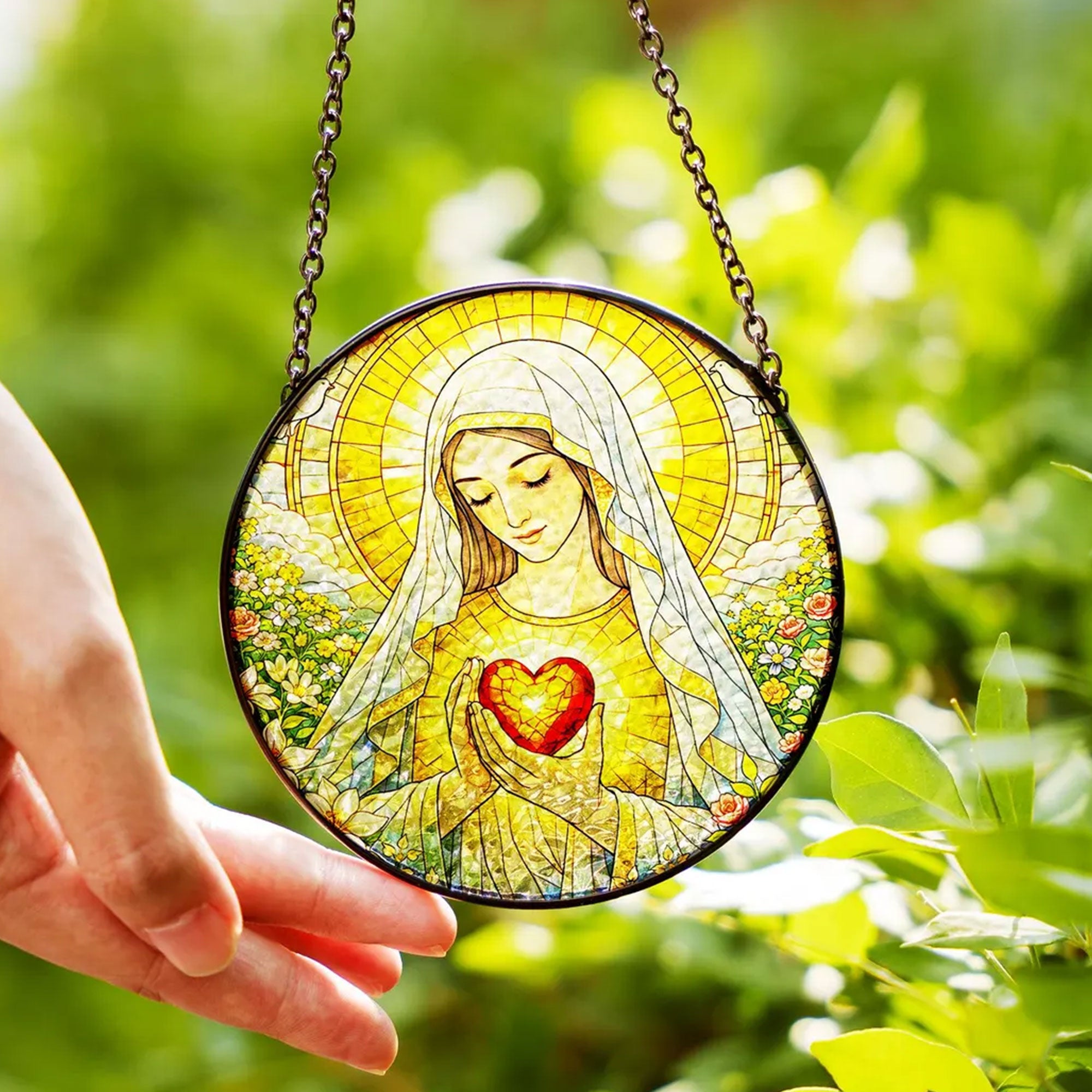 Virgin Mary Stained Glass Suncatcher, Immaculate Heart of Mary Window Hanging, Catholic Religious Decor, Faith Gift
