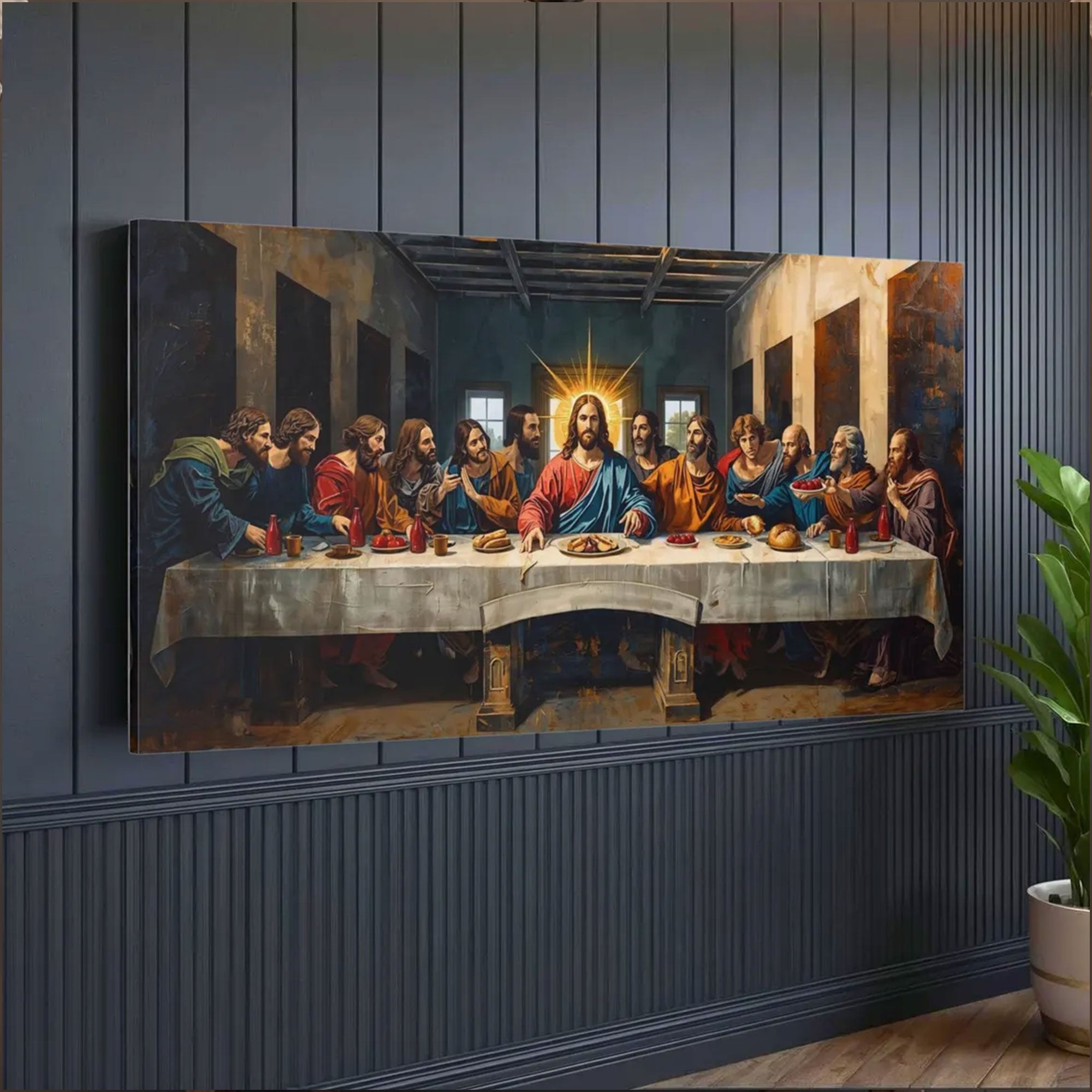 Last Supper Wall Art for Living Room, Modern Christian Jesus Canvas Print, Catholic Panoramic Religious Decor