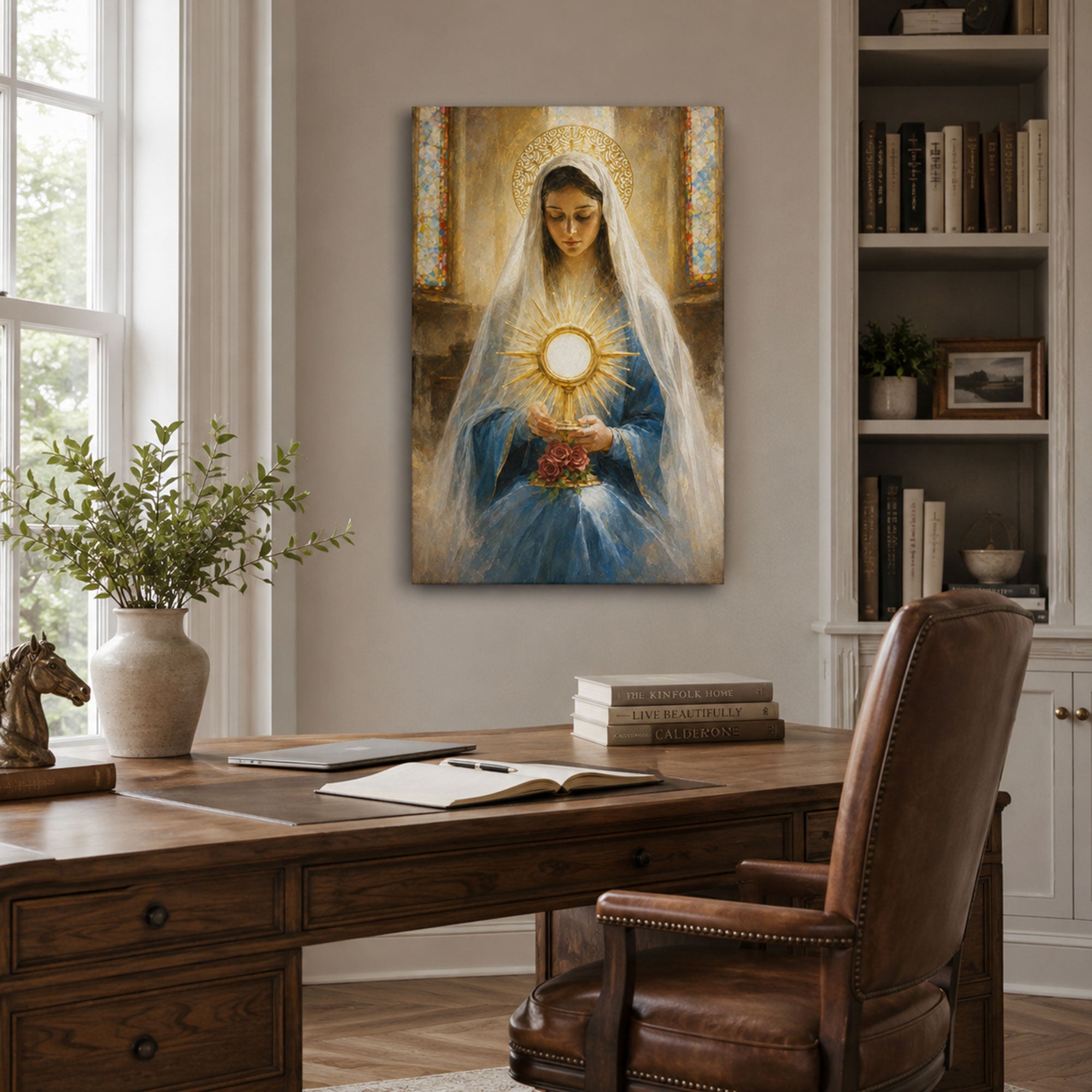 Our Lady of the Blessed Sacrament Canvas Print, Virgin Mary with Holy Eucharist Catholic Wall Art, Faith Home Decor Gift
