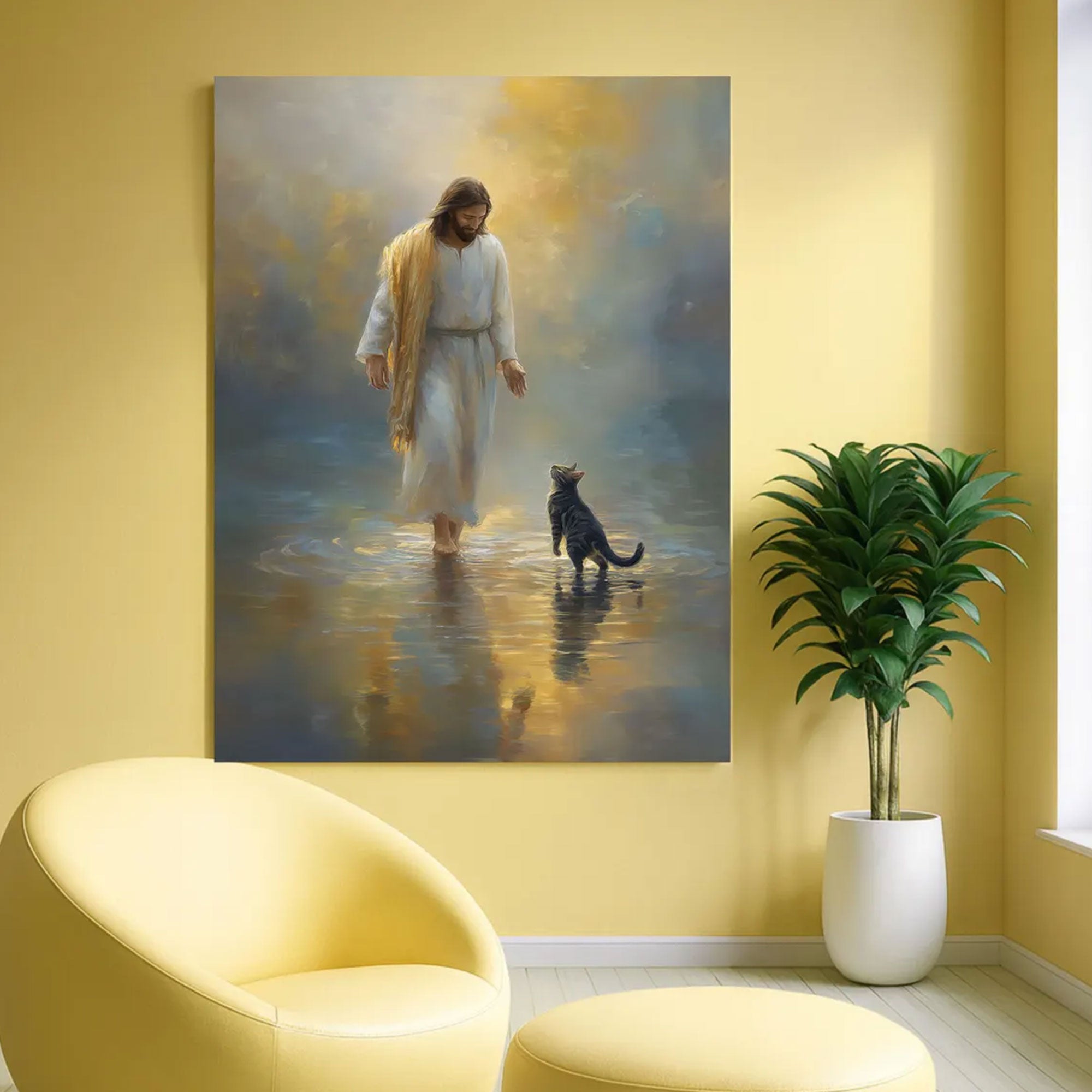 Jesus and Cat Canvas Print, Peaceful Christian Wall Art, Religious Home Decor, Gift for Cat Lovers