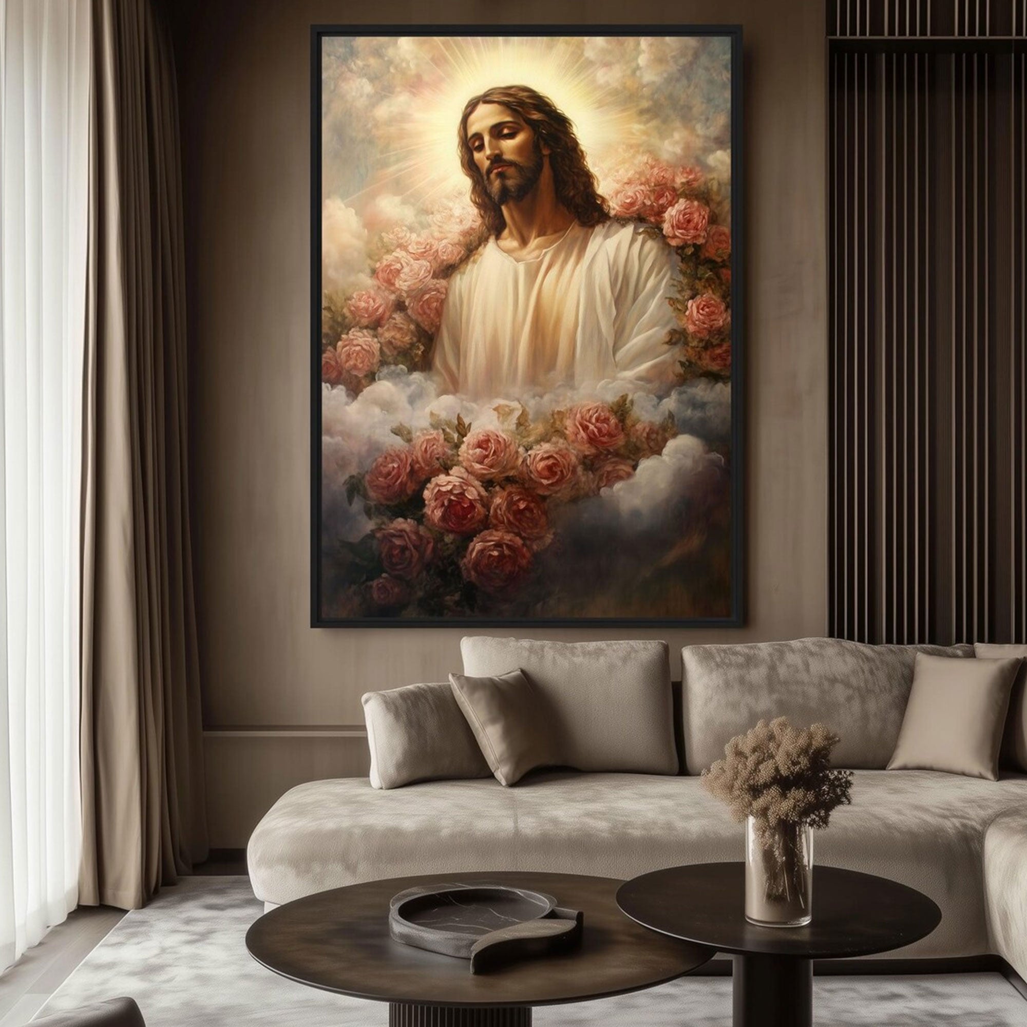 Jesus Christ in Flowers Framed Canvas Print, Religious Christian Wall Art, Peaceful Faith Home Decor
