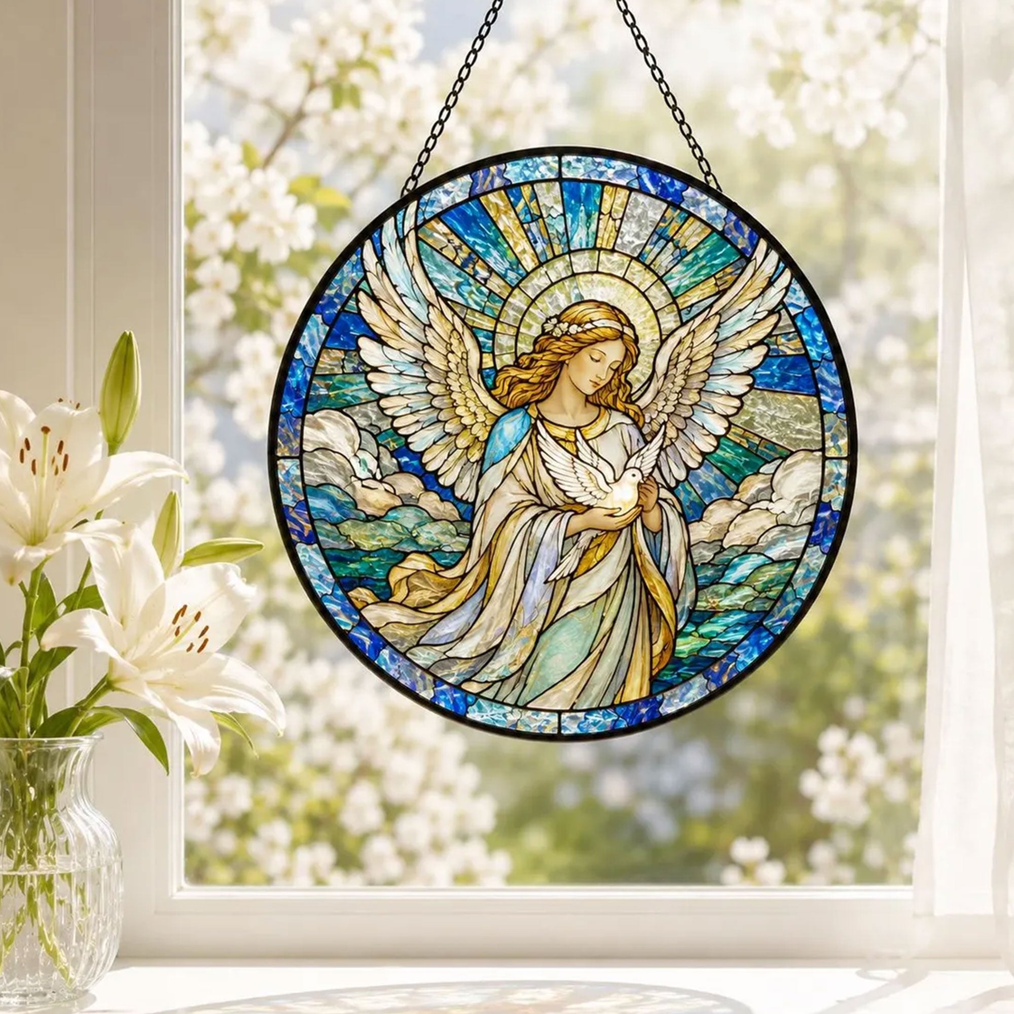 Praying Angel Glass Suncatcher, Christian Memorial Window Hanging Gift for Her