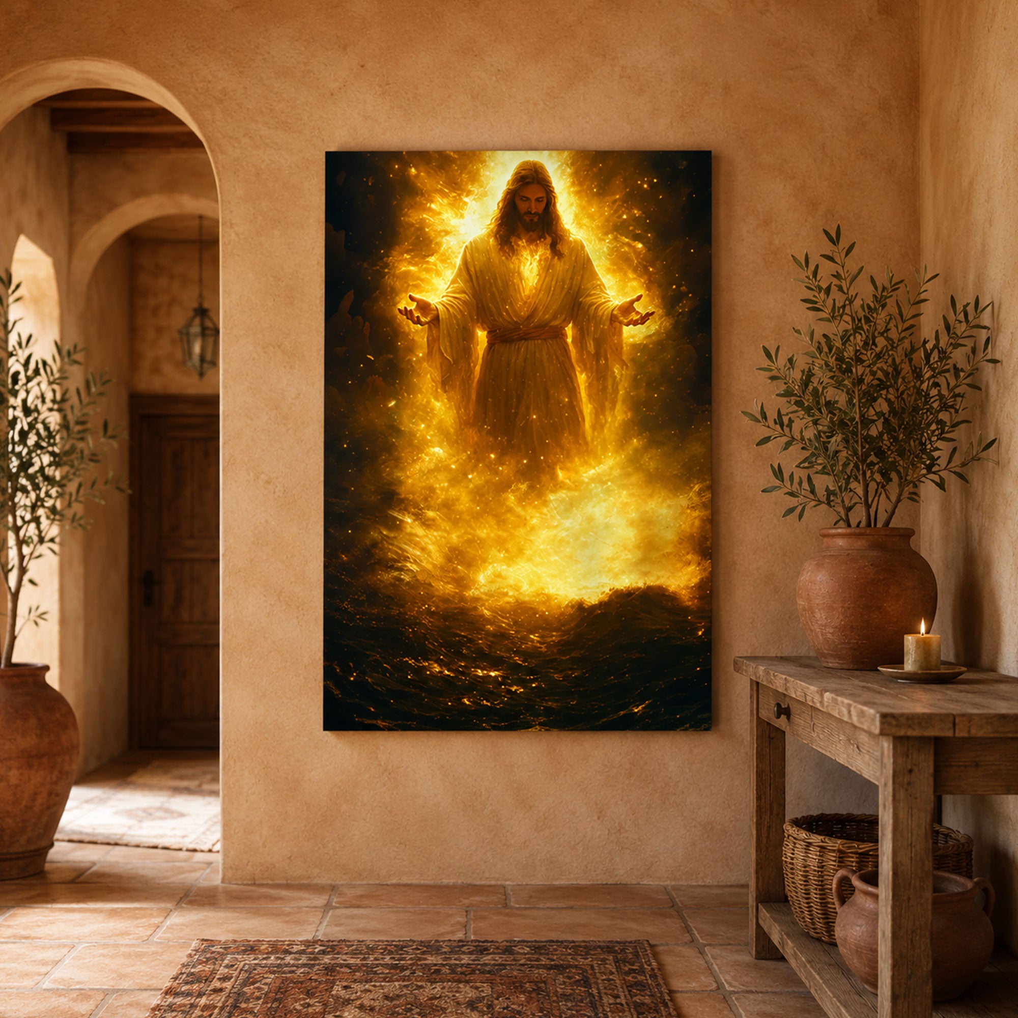 Jesus Glowing In Divine Fire Canvas Art Radiant Light Savior Poster Christian Power Wall Print For Church Prayer Room Or Faith Home Decor