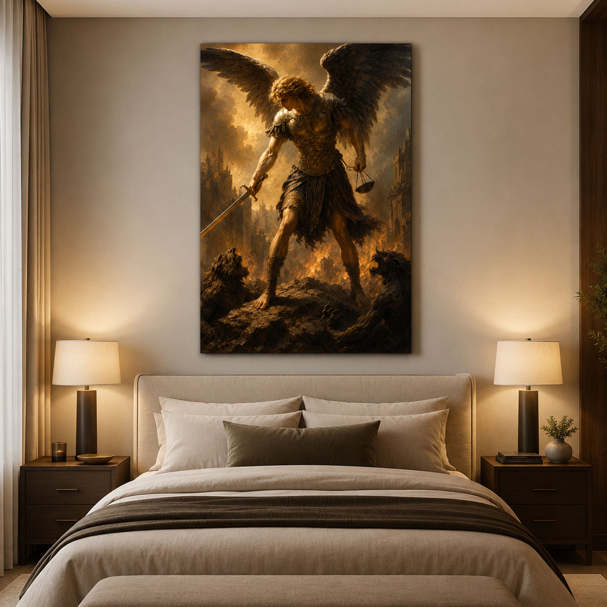 Saint Michael with Sword and Scales Canvas Print, Catholic Archangel Wall Art, Faith Home Decor Gift