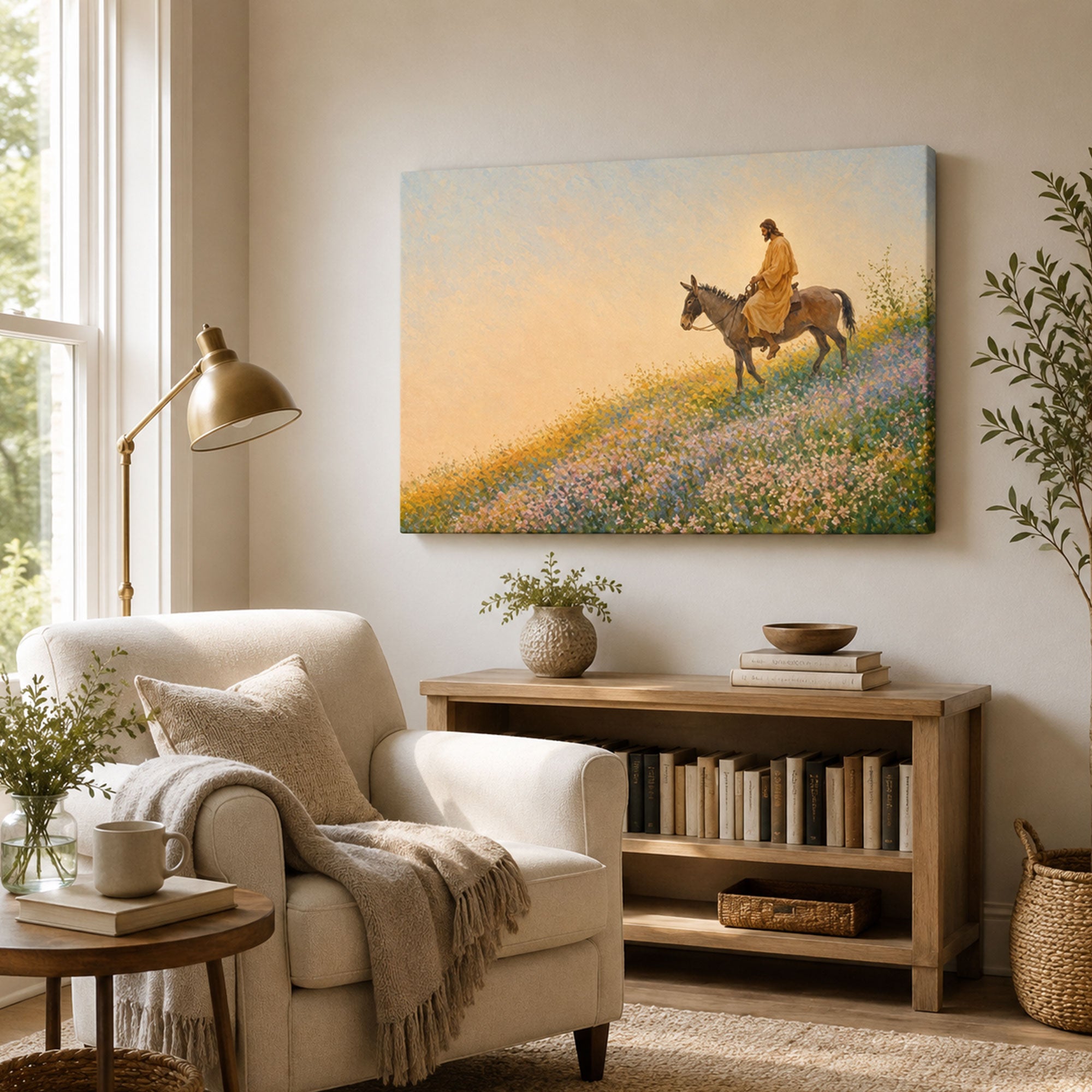 Jesus Riding a Donkey Through Wildflowers Canvas Print, Christian Faith Decor