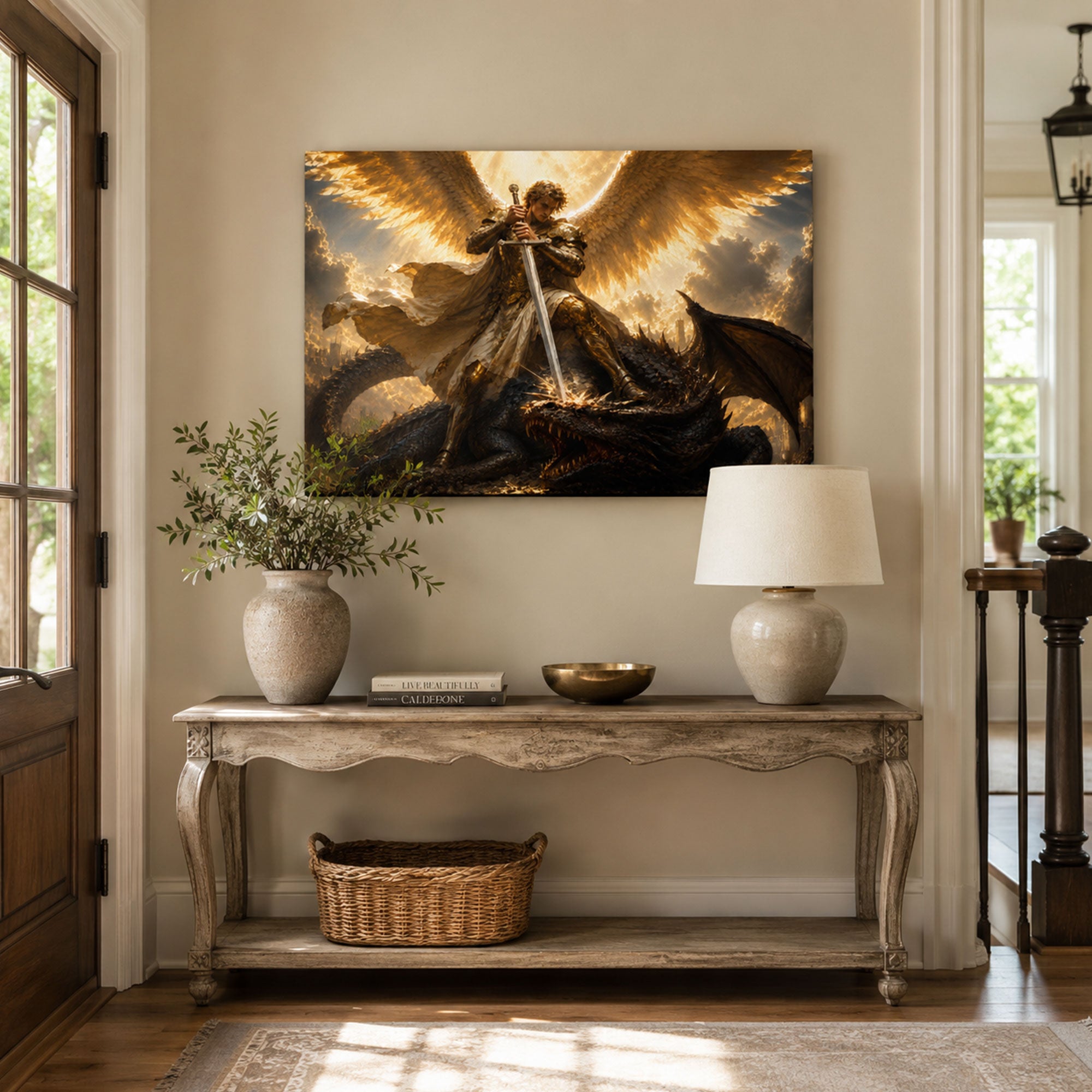 Saint Michael Defeating the Dragon Canvas Print, Dramatic Catholic Wall Decor