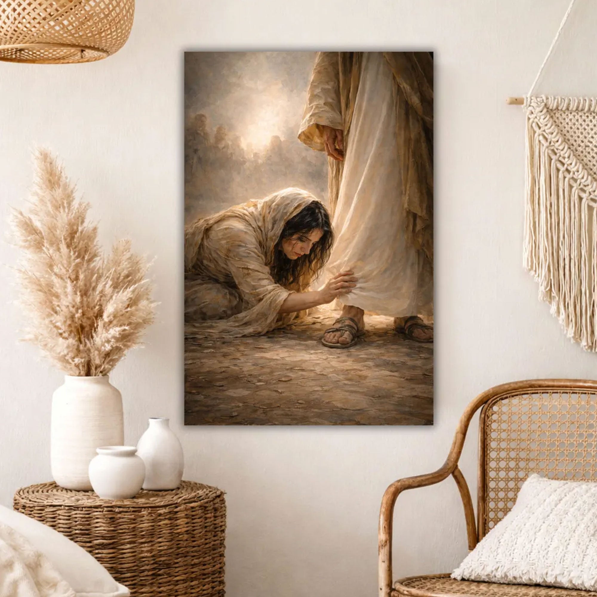 Woman Healed by Faith Christian Wall Art, Jesus Healing Woman Touching the Hem Canvas Print, Modern Catholic Art DecorMary Catholic Art Home Decor