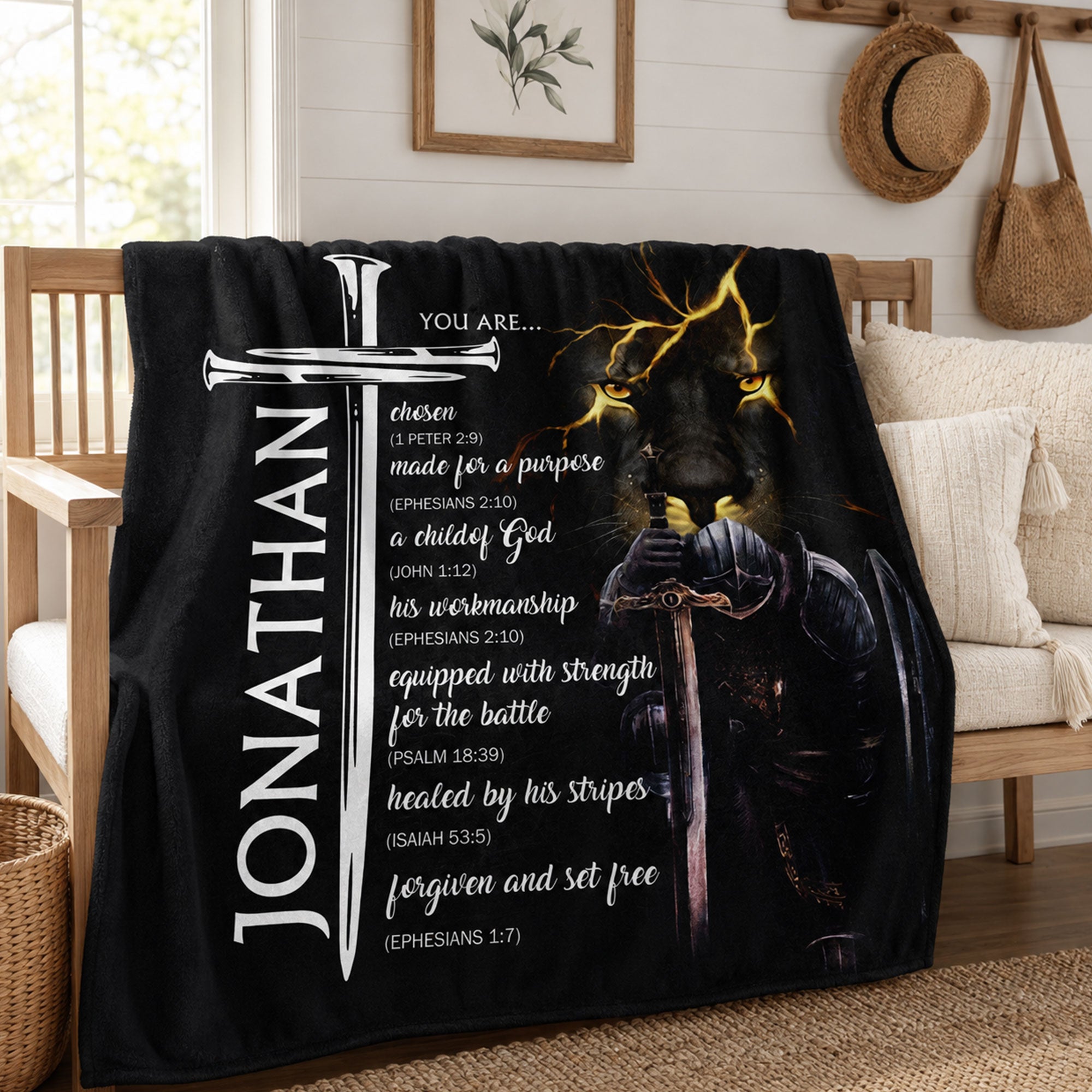 Personalized Christian Lion Fleece Blanket, Custom Name Bible Verse Throw, Faith Gift for Men
