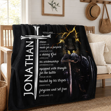 Personalized Christian Lion Fleece Blanket, Custom Name Bible Verse Throw, Faith Gift for Men