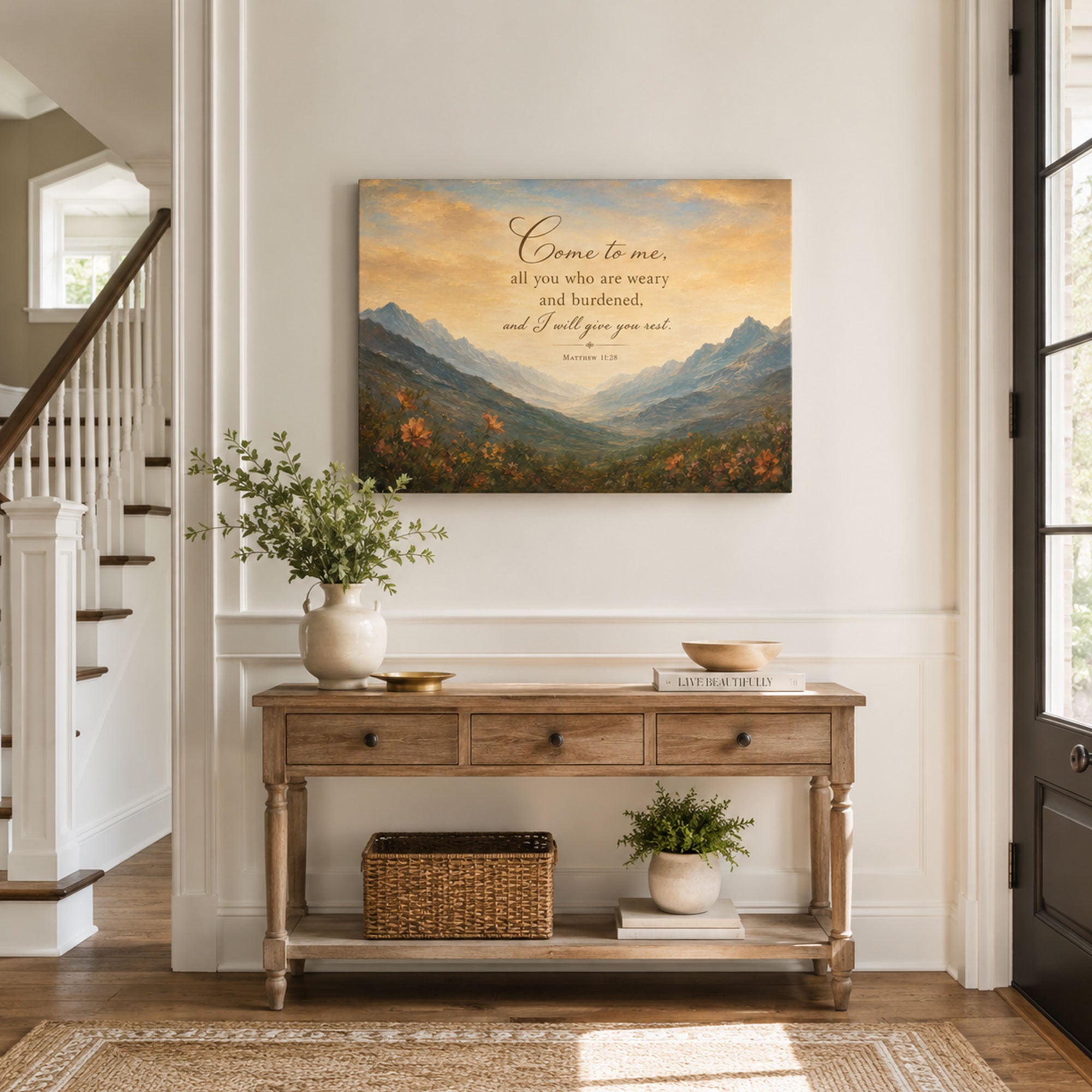 Matthew 11:28 Canvas Print, Come to Me All Who Are Weary Christian Scripture Wall Art, Mountain Faith Home Decor Gift