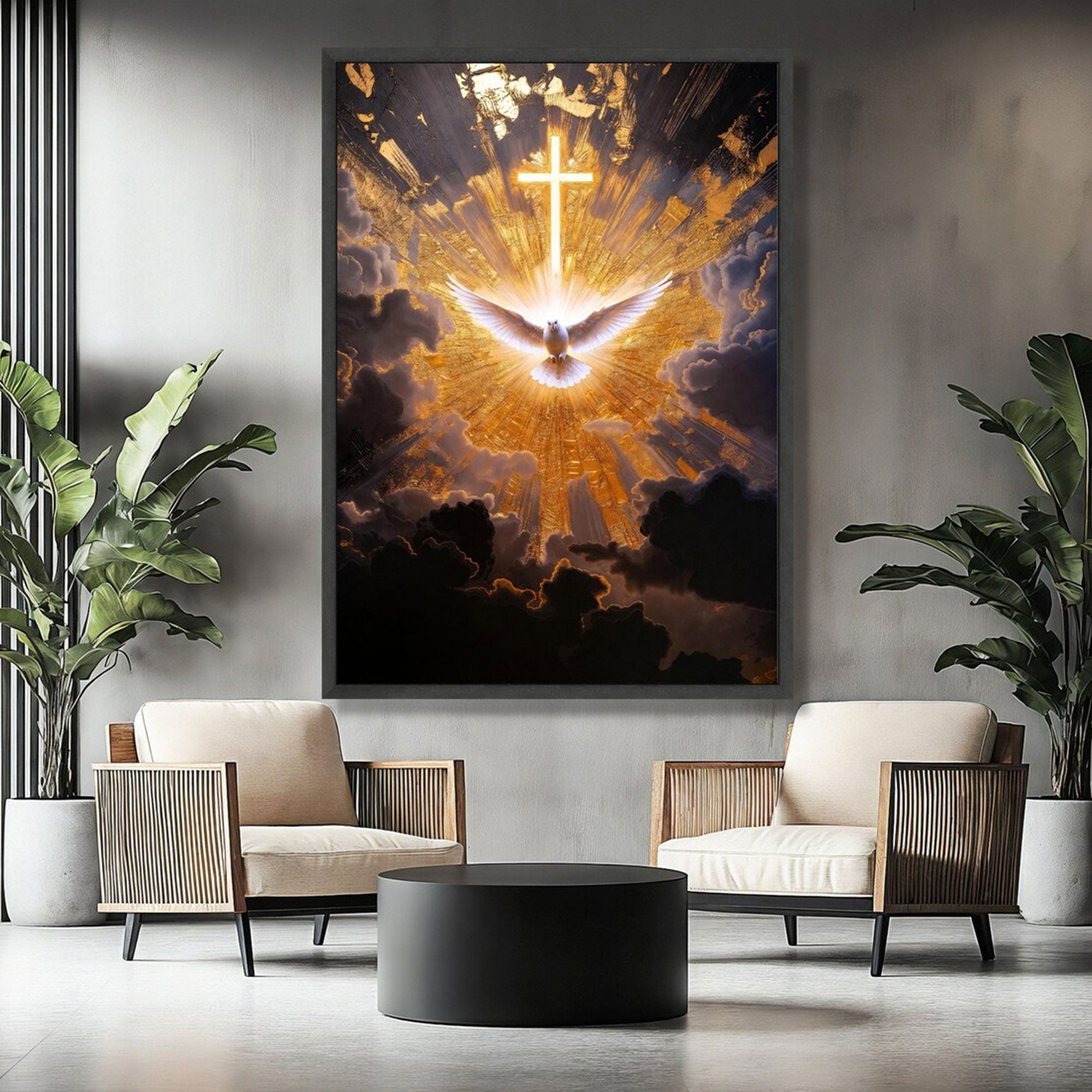 Radiant Holy Spirit Canvas Print, Glowing Cross and Dove Wall Art, Golden Light Christian Decor, Symbol of Divine Presence, Inspirational Faith Gift
