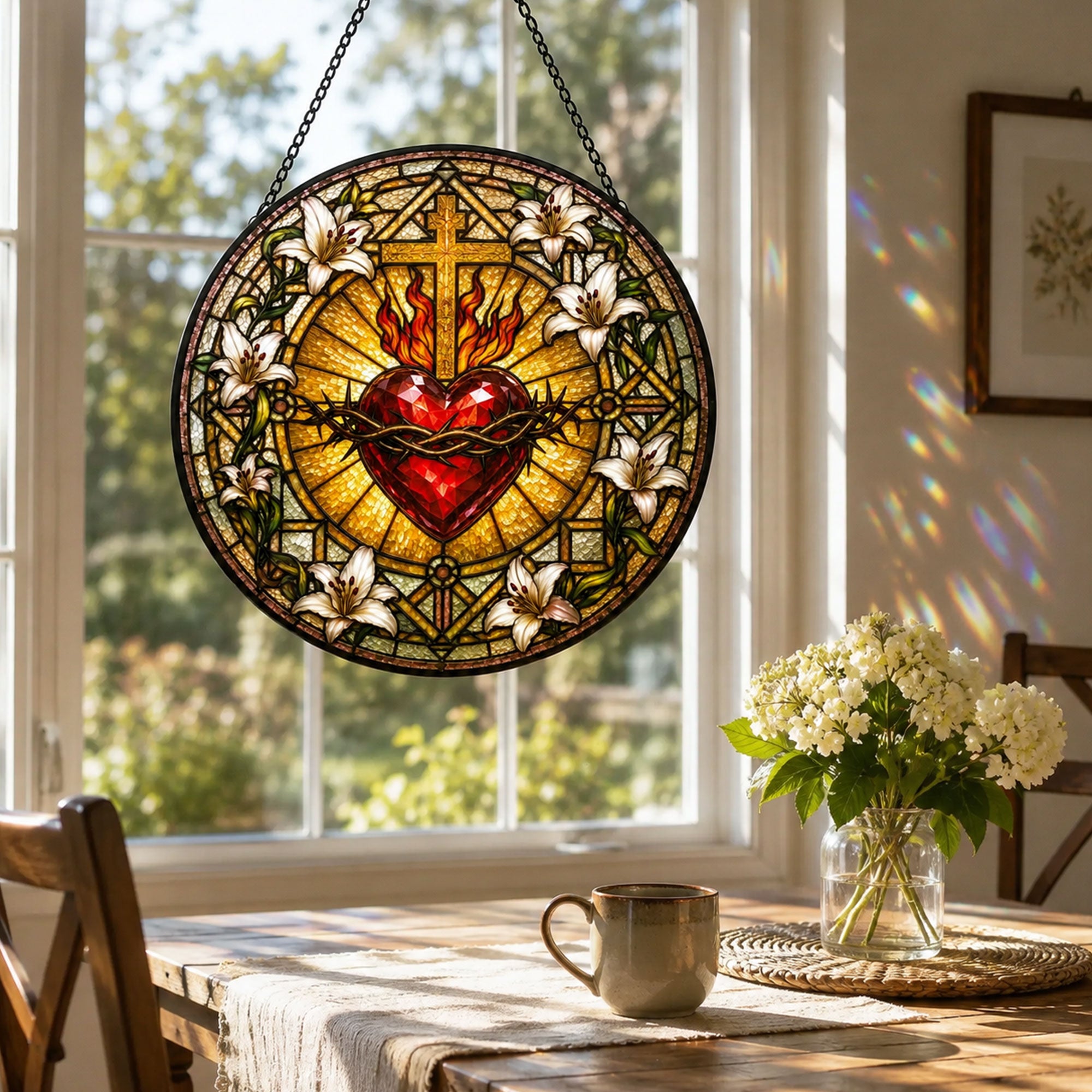 Sacred Heart of Jesus Suncatcher, Crown of Thorns and Lilies Catholic Window Decor, Faith Gift