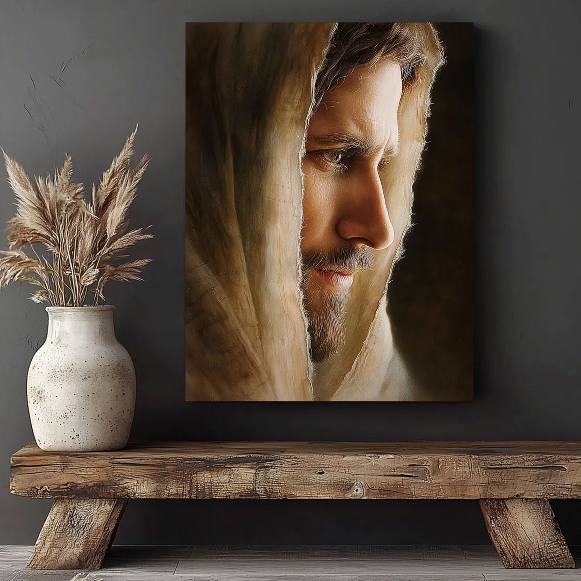 Jesus Christ Face Portrait Canvas Wall Art, Warm Light Christian Decor, Sacred Religious Artwork, Inspirational Faith Home Decor, Spiritual Gift