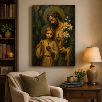 Saint Joseph and Child Jesus Canvas Print, Catholic Sacred Hearts Wall Art, Faith Home Decor