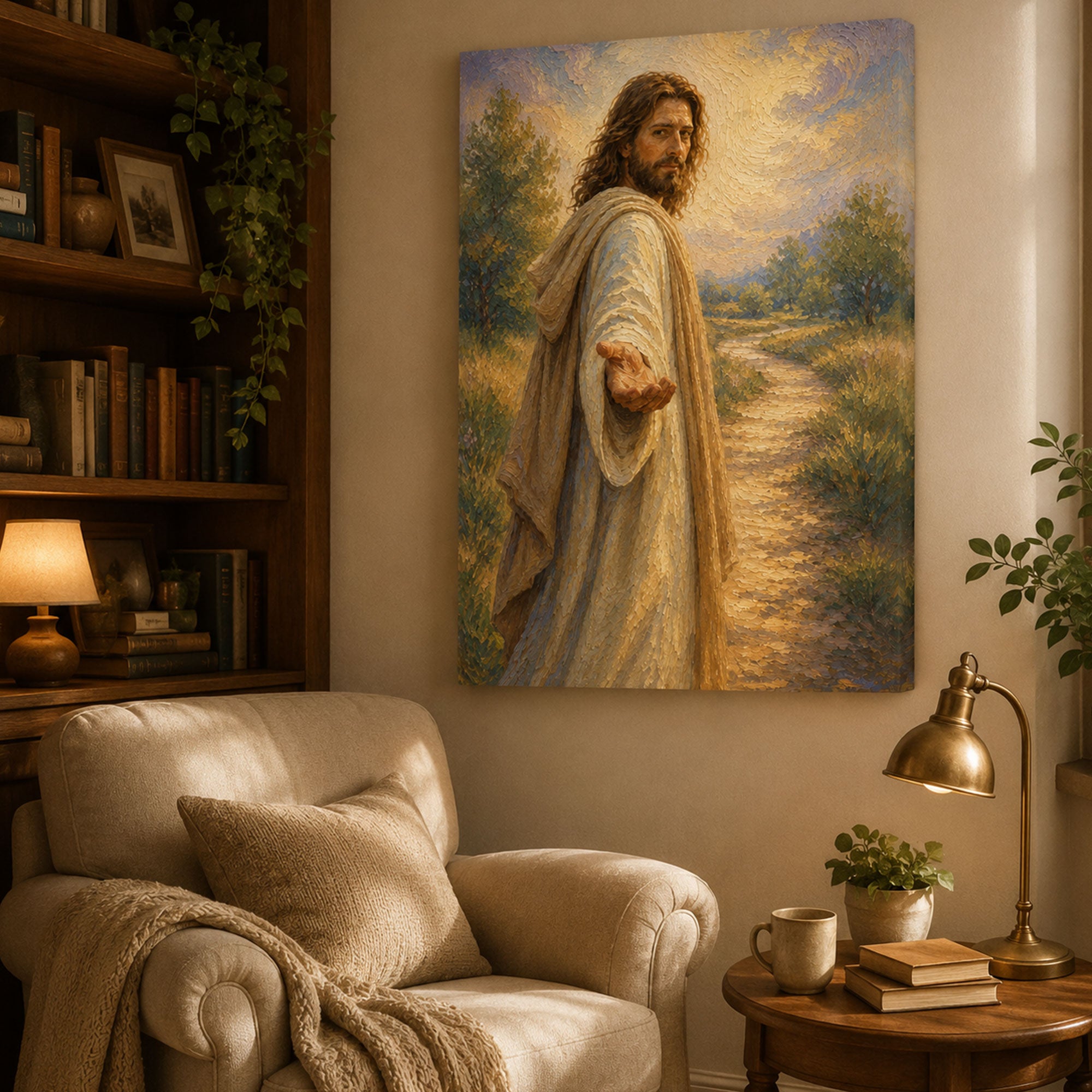 Jesus Reaching Out Canvas Print, Follow Me Christian Wall Art, Peaceful Faith Home Decor