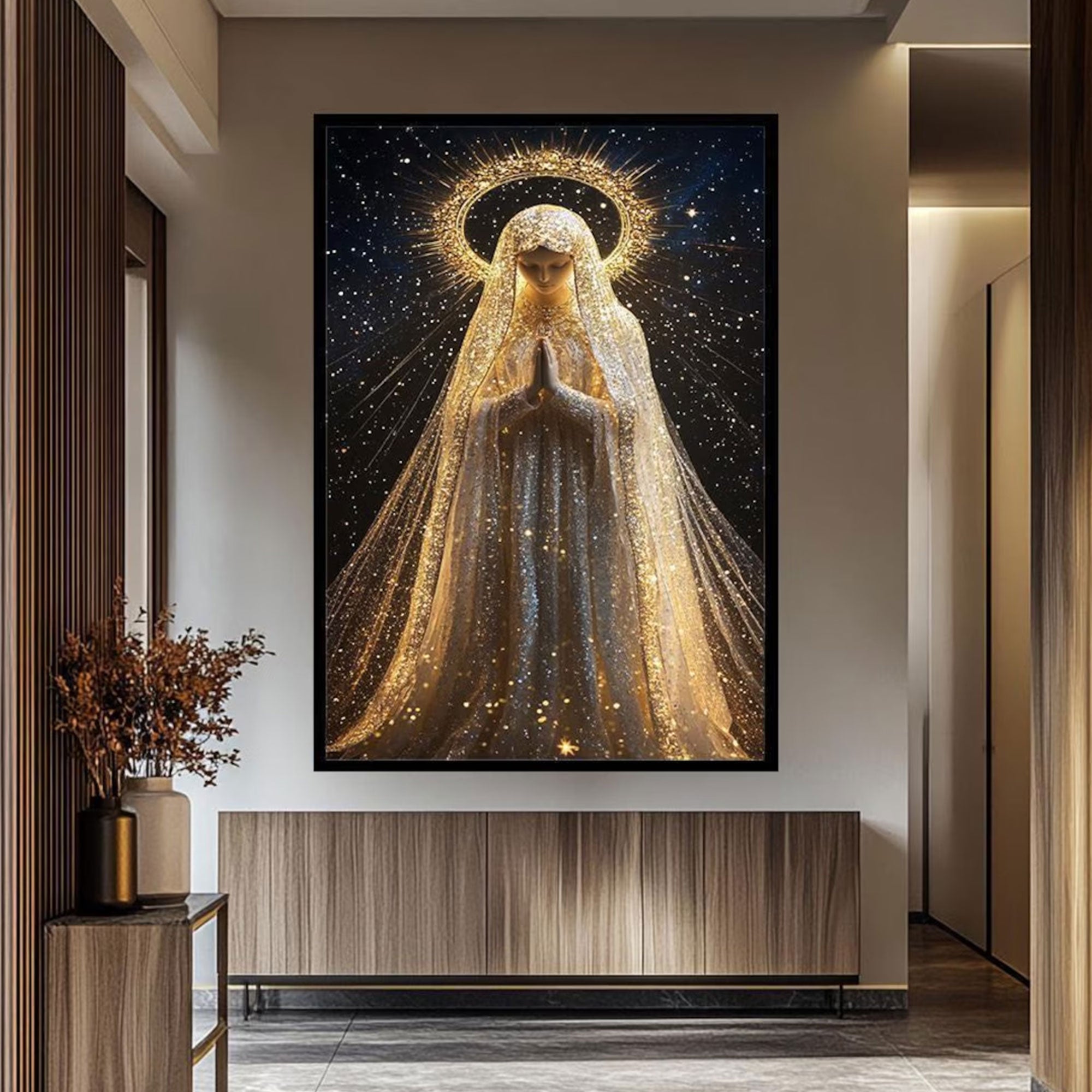 Virgin Mary Wall Art Canvas Print, Mother Mary with Starry Halo Spiritual Religious Canvas for Prayer Space