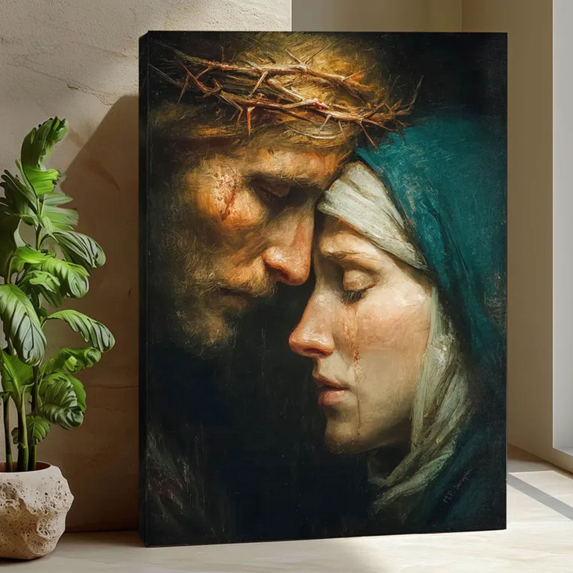 Jesus Mary Embrace Canvas Print, Goodbye Mother Artwork, Catholic Comfort Gift