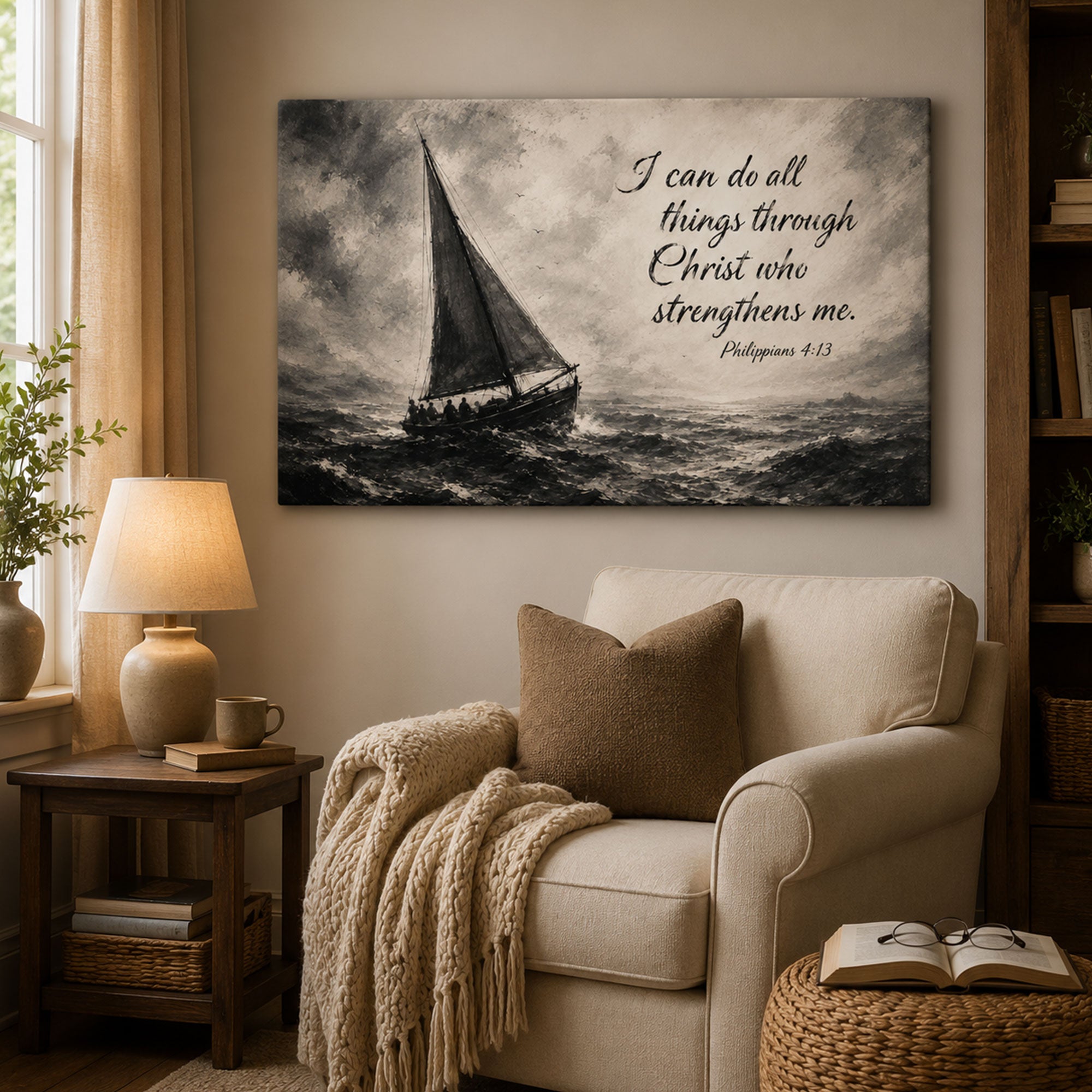 I Can Do All Things Philippians 4:13 Canvas Print, Stormy Sea Christian Scripture Wall Art, Faith Home Decor
