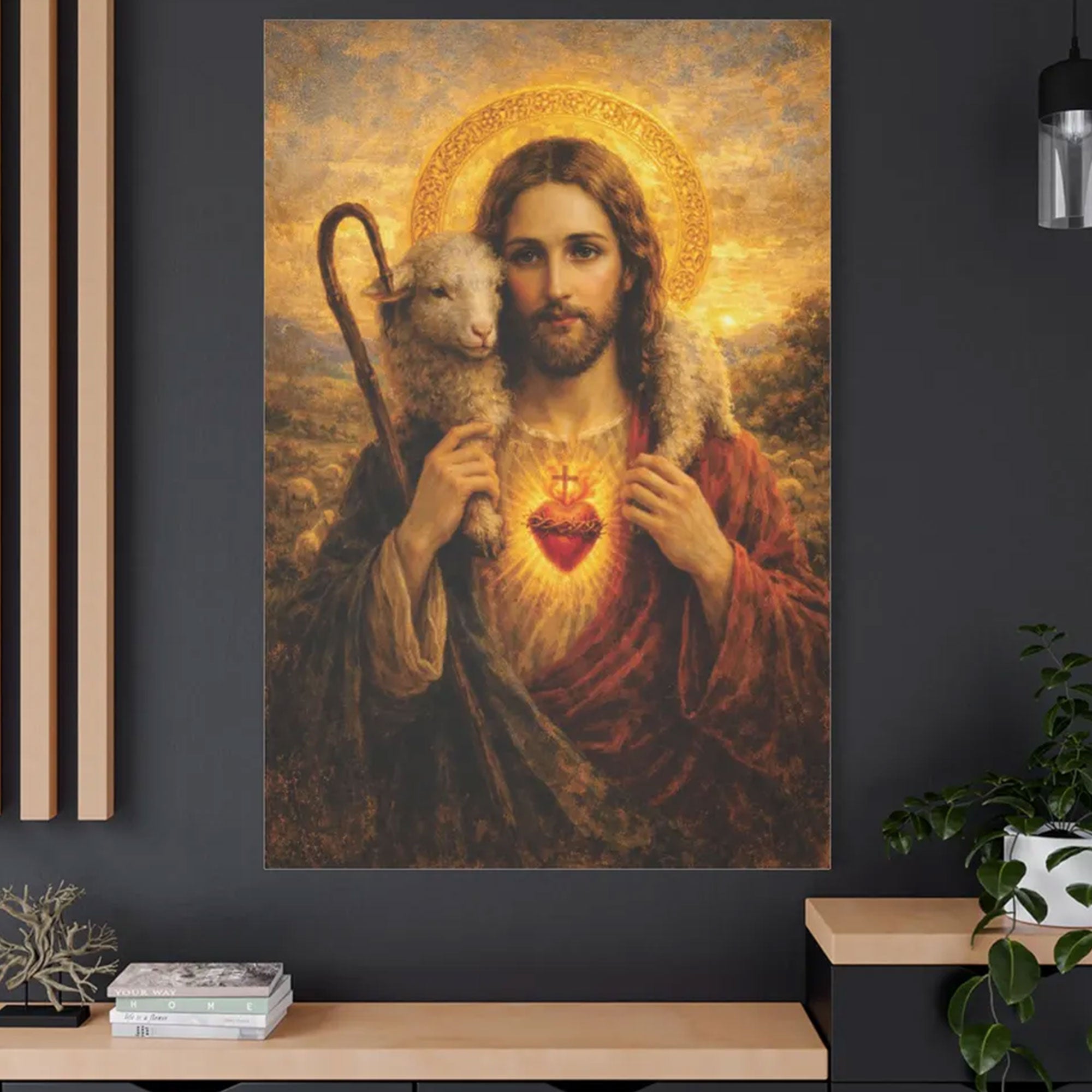 Sacred Heart Jesus with Lamb Canvas Print, Good Shepherd Christian Wall Art, Christian Home Decor