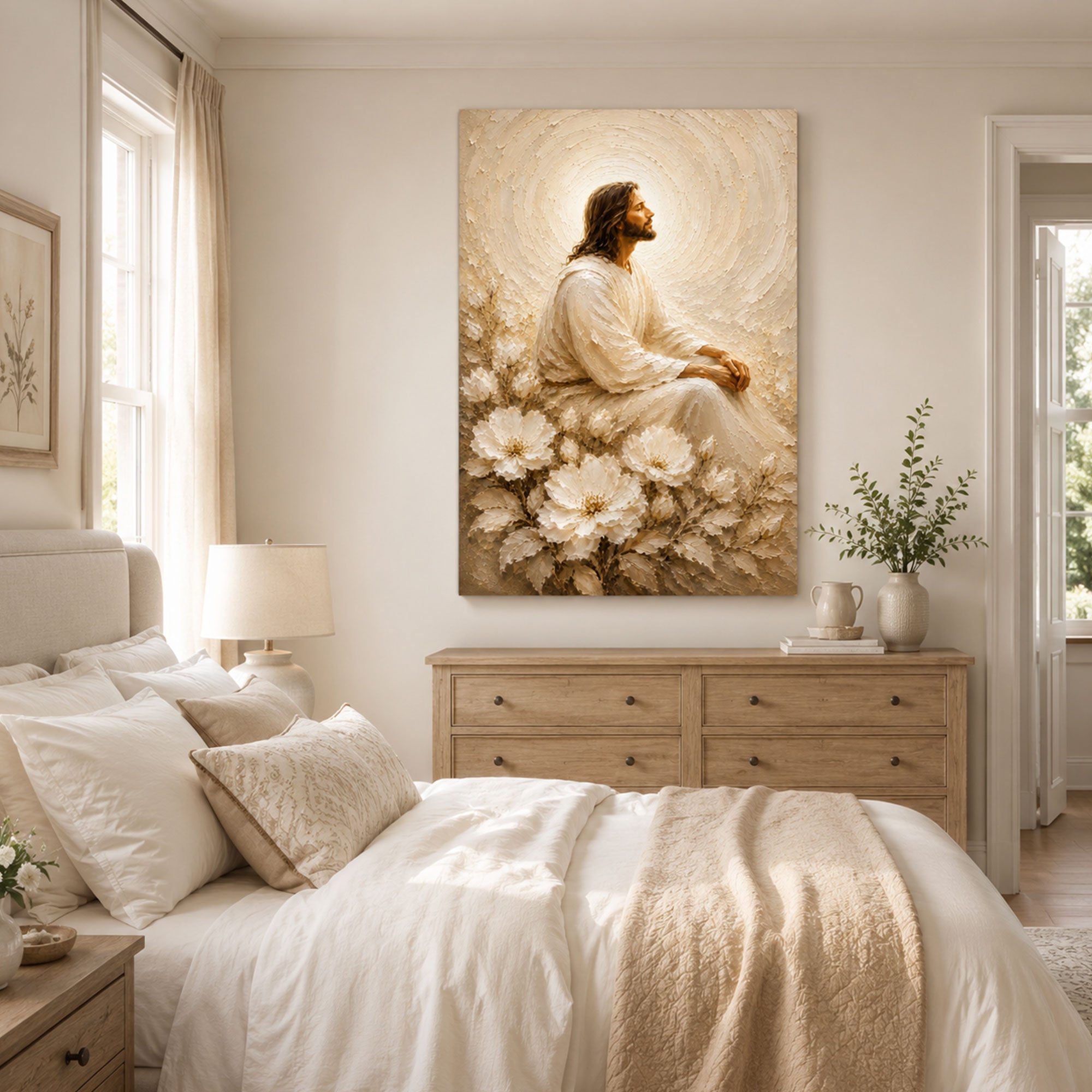 Peaceful Jesus in White Flowers Canvas Print, Soft Christian Wall Art, Neutral Faith Home Decor Gift