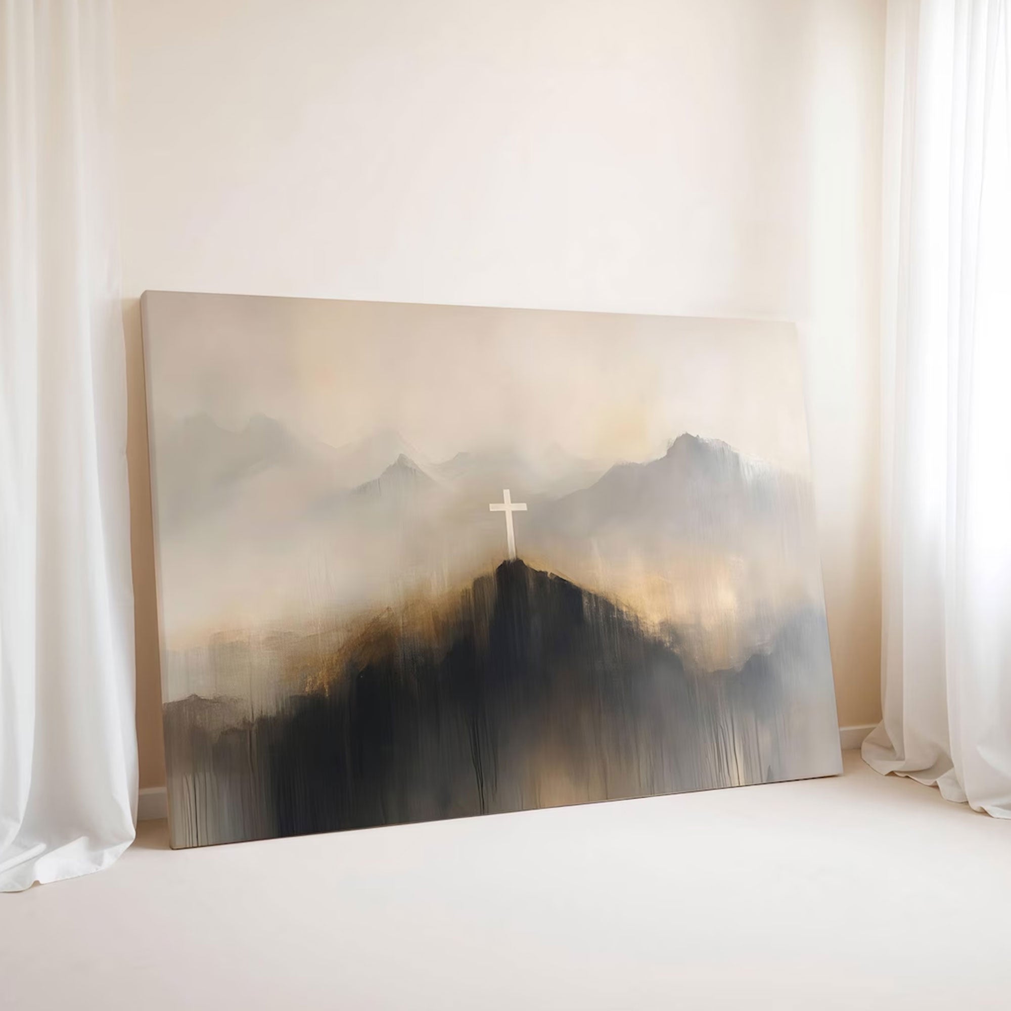Christian Jesus Cross Canvas Print, Modern Scripture Wall Art, Religious Landscape Decor