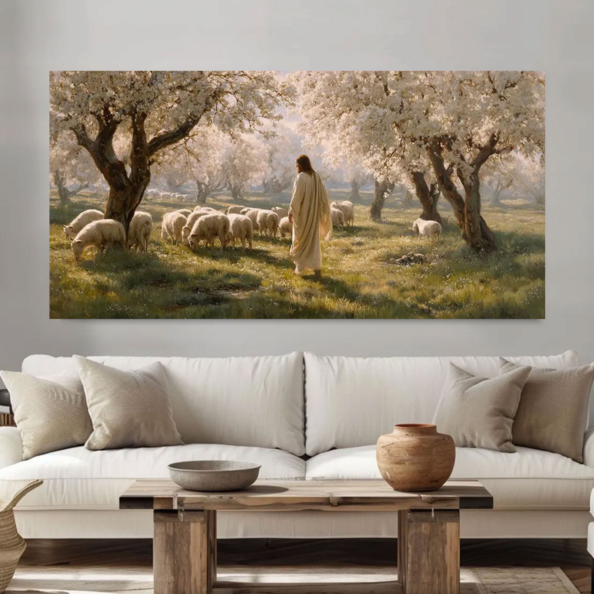 Pastoral Bloom Framed Canvas Print, Jesus Wall Art, Christian Decor, Floral Field Artwork, Religious Gift