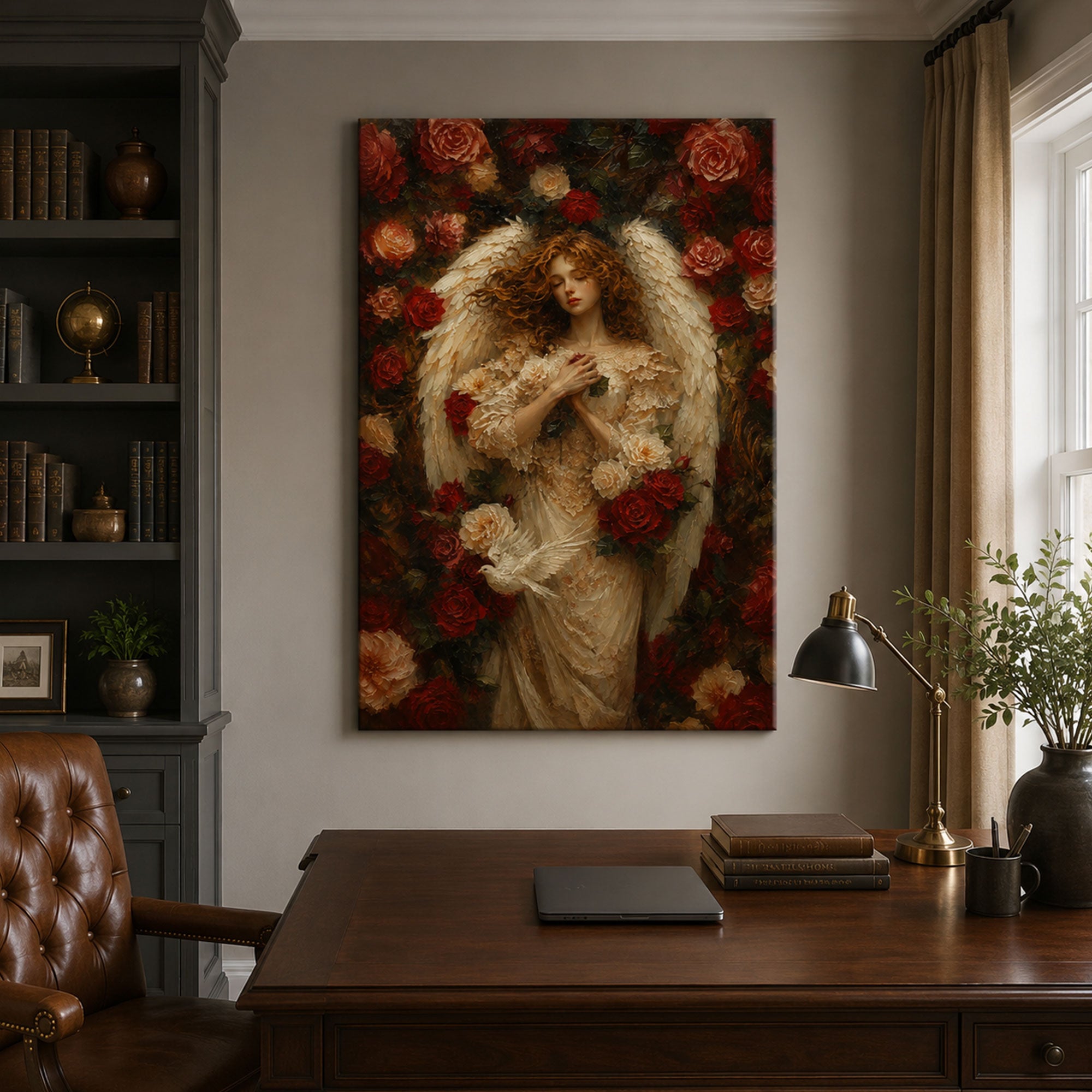 Guardian Angel with Roses Canvas Print, Christian Angel Wall Art, Faith Home Decor
