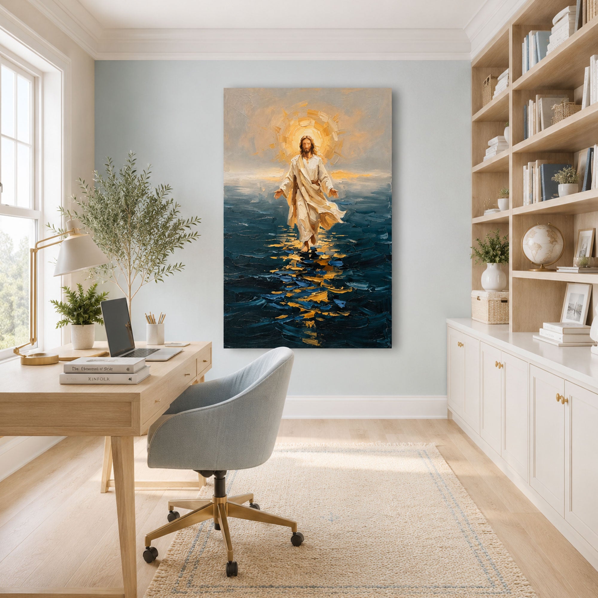 Jesus Walking on Water Canvas Wall Art, Modern Impasto Christian Faith Print, Blue Religious Home Decor, Made to Order Gift