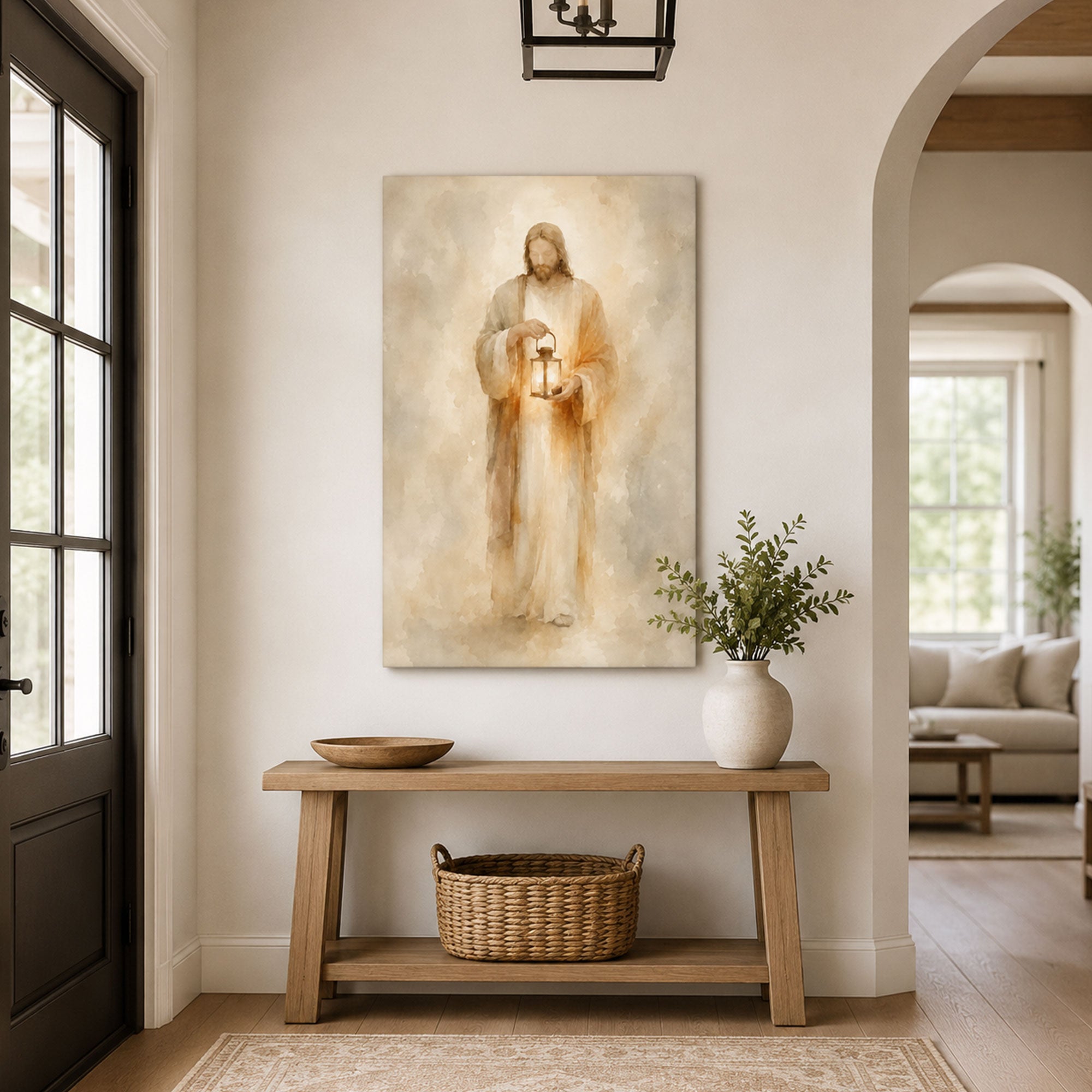 Light of the World Jesus Canvas Print, Soft Neutral Christian Wall Art, Faith Home Decor Gift