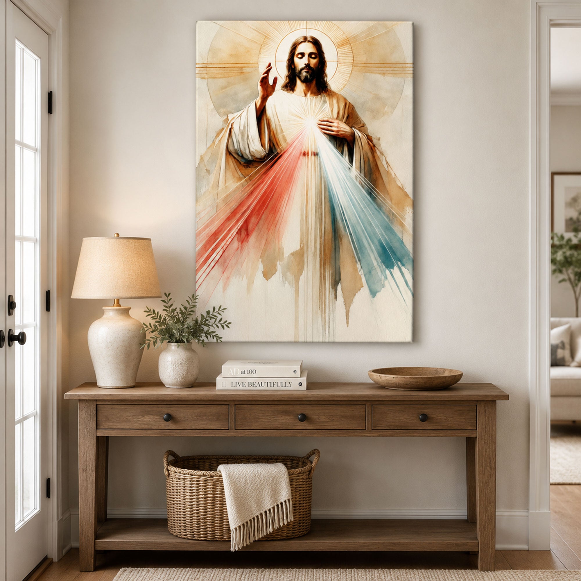 Divine Mercy of Jesus Watercolor Canvas Print, Sacred Heart Christian Catholic Wall Art, Inspirational Faith Decor