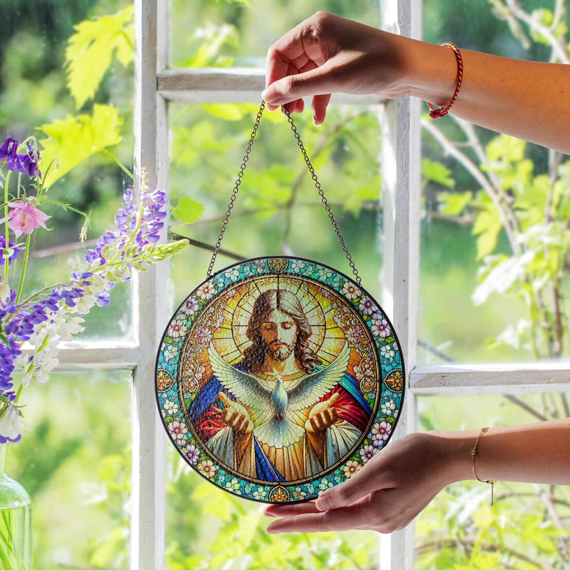 Jesus and Holy Spirit Dove Stained Glass Suncatcher, Christian Window Hanging, Religious Home Decor Gift