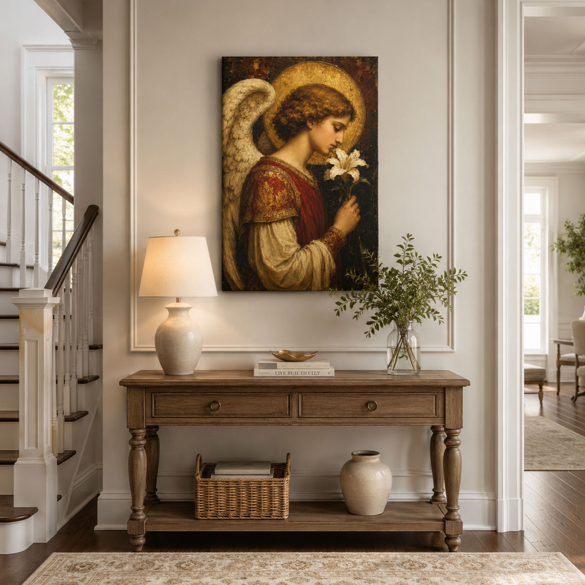 Angel Holding a White Lily Canvas Print, Christian Home Decor