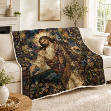 Jesus Christ Mosaic Fleece Blanket, Christian Faith Throw, Religious Gift for Believers
