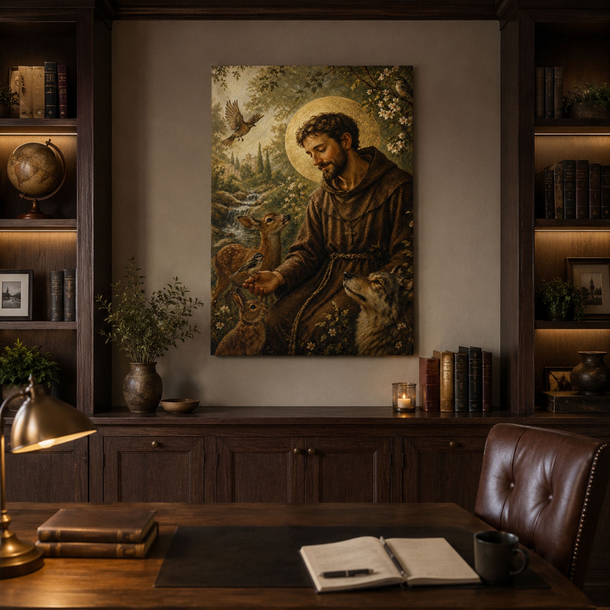 Saint Francis of Assisi Canvas Print, Catholic Saint Wall Art with Animals, Christian Home Decor Gift