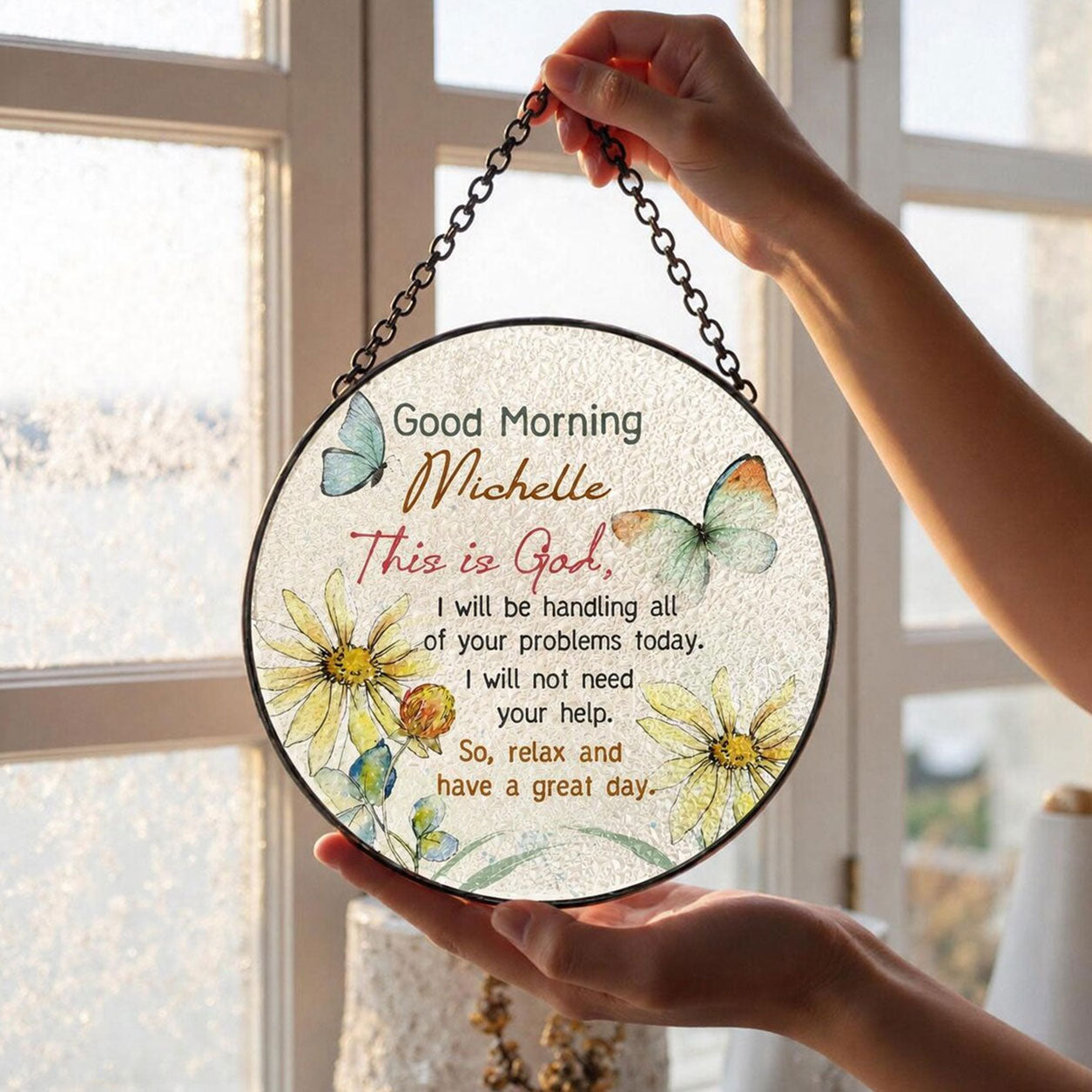 Personalized Good Morning Michelle Suncatcher, God Message Butterfly Floral Window Decor, Christian Gift for Her