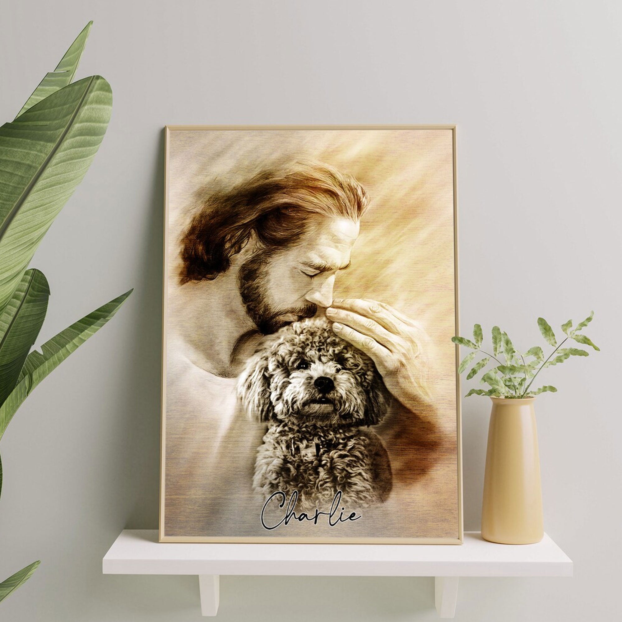 Personalized Jesus and Dog Memorial Canvas, Custom Pet Portrait, Sympathy Gift for Dog Loss