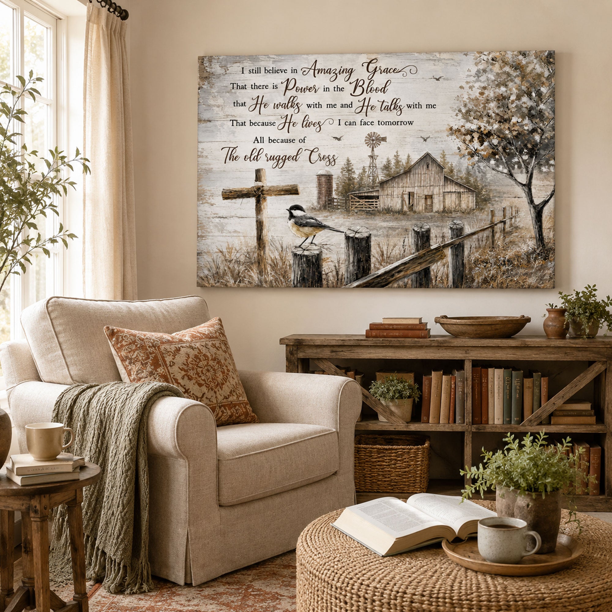 Amazing Grace Barn Canvas Print, Black Capped Chickadee Christian Wall Art, Rustic Faith Home Decor