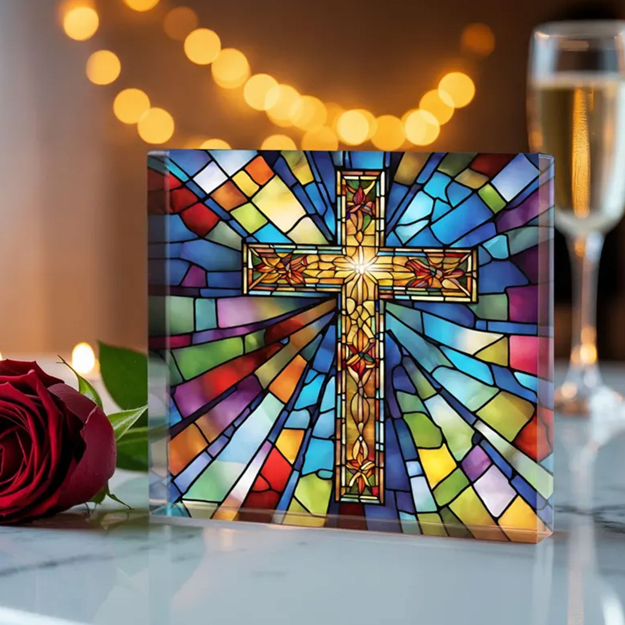 Stained Glass Cross Acrylic Plaque, Easter Christian Catholic Gift, Comfort Gift for Friend, Housewarming Faith Decor