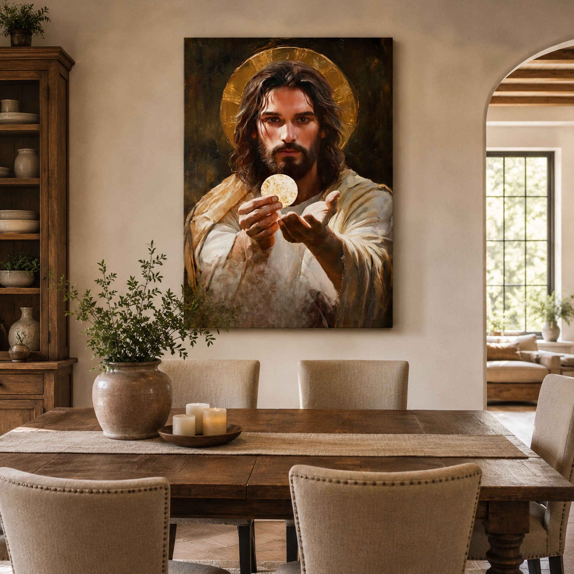 Jesus Christ with Eucharist Canvas Wall Art, Holy Communion Christian Decor, Sacred Faith Home Artwork