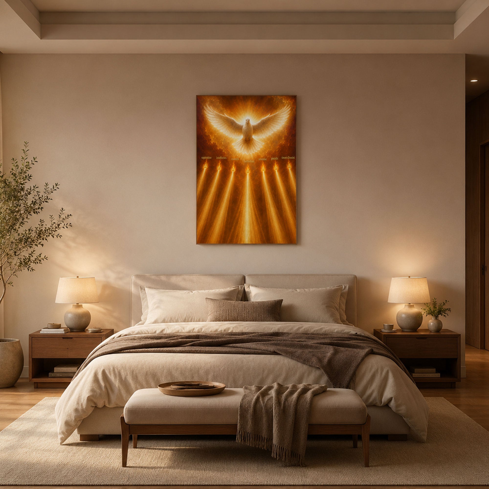 Holy Spirit Dove Canvas Print, Seven Gifts of the Spirit Christian Wall Art, Golden Light Religious Home Decor