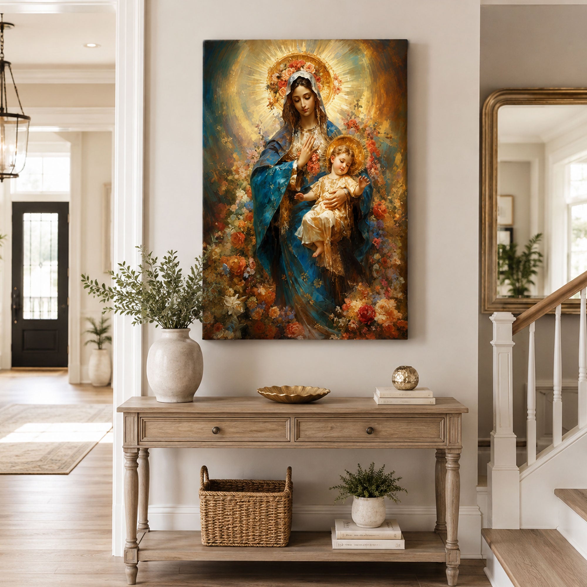 Blessed Virgin Mary with Baby Jesus Canvas Print, Catholic Home Decor, Religious Gift